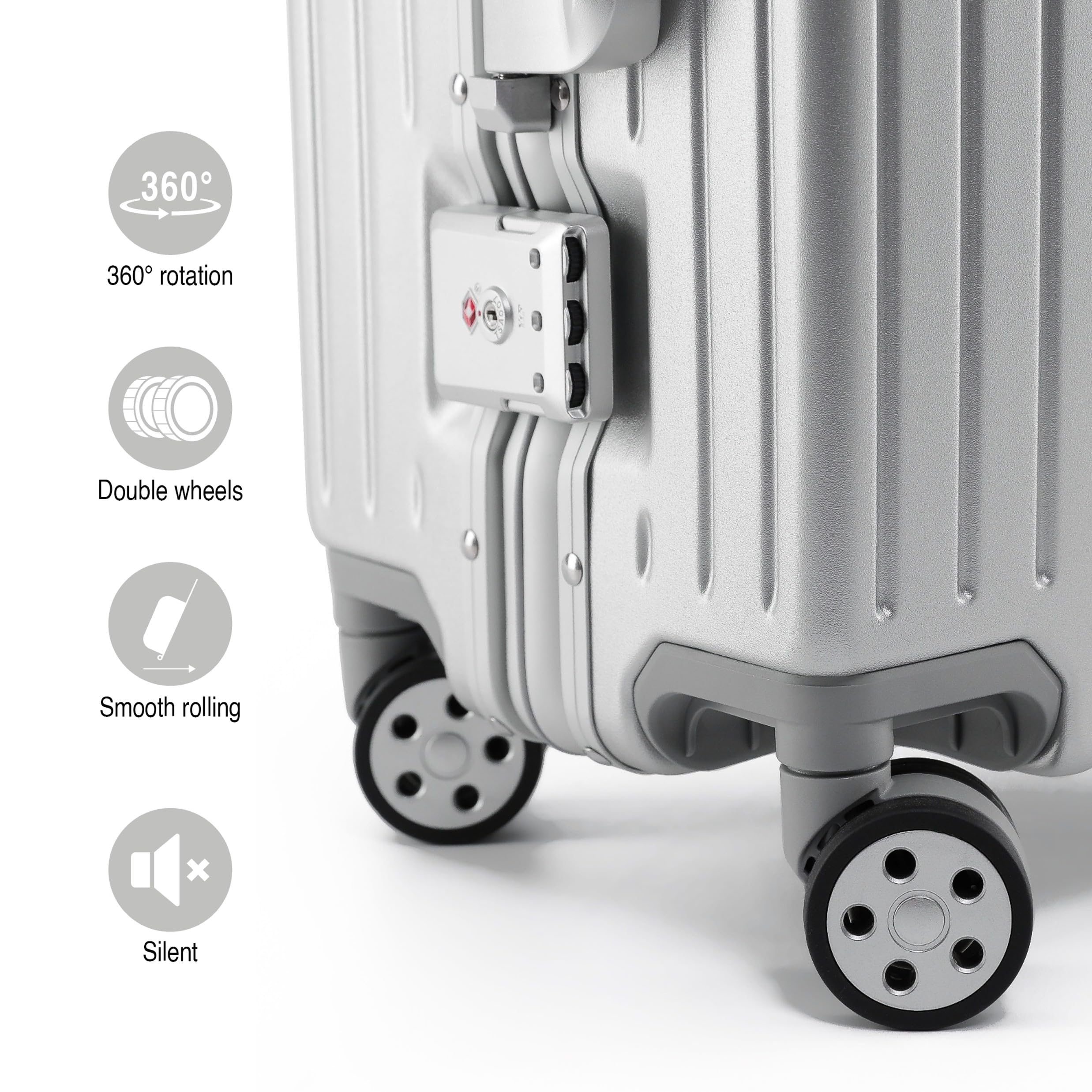 KOFA Zurich - Set di 2 valigie in alluminio, M-55 cm e XL-75 cm, telaio rigido trolley, carry-on + valigetta per check-in, con 4 ruote e doppia serratura TSA 35L + 94L, argento, 55x37x23 cm /