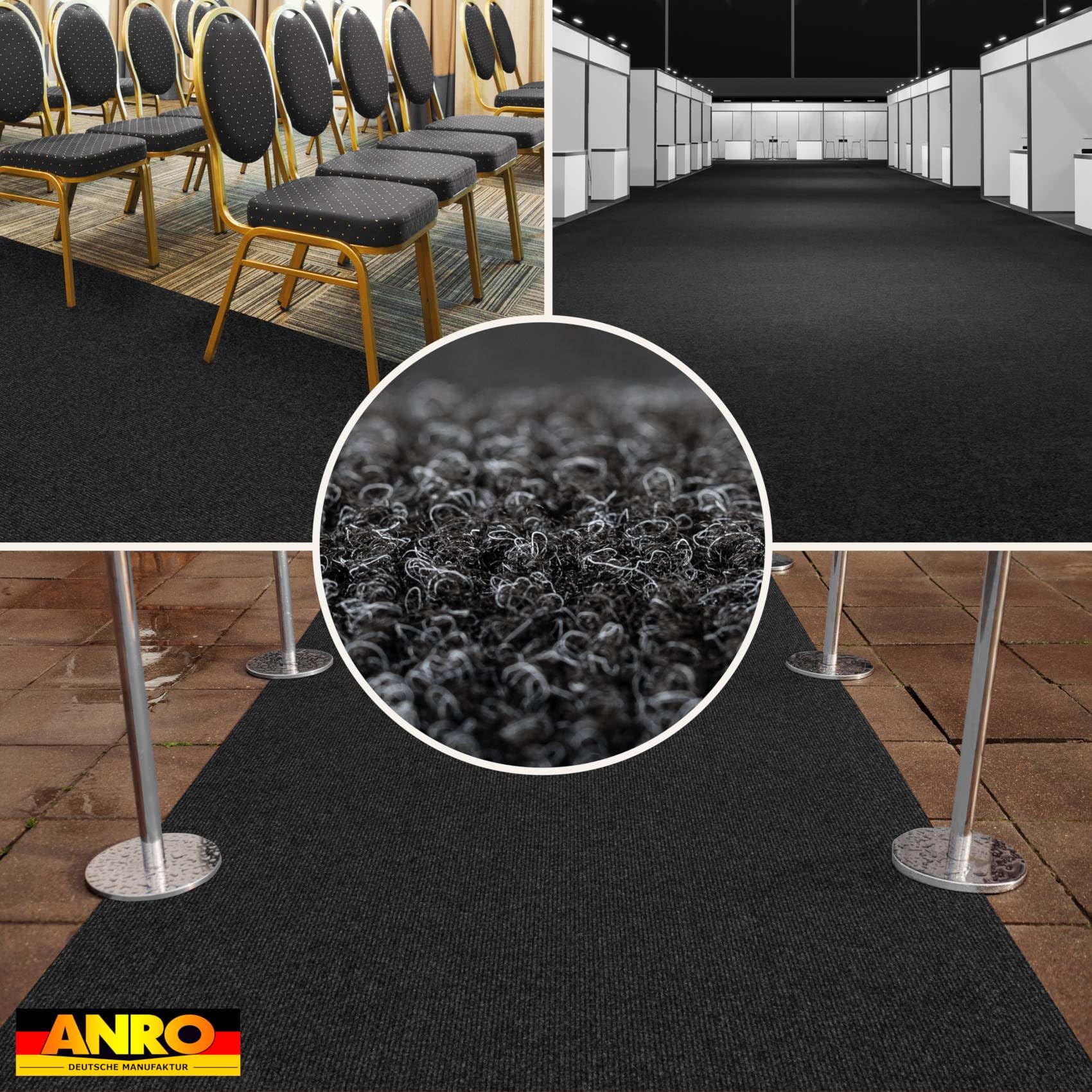 ANRO Yula Nadelfilz Teppich Meterware Anthrazit Messeteppich Rips Auslegware Teppichboden Läufer rutschfest schwer entflammbar Messe Hochzeit Event 133 x 15 m