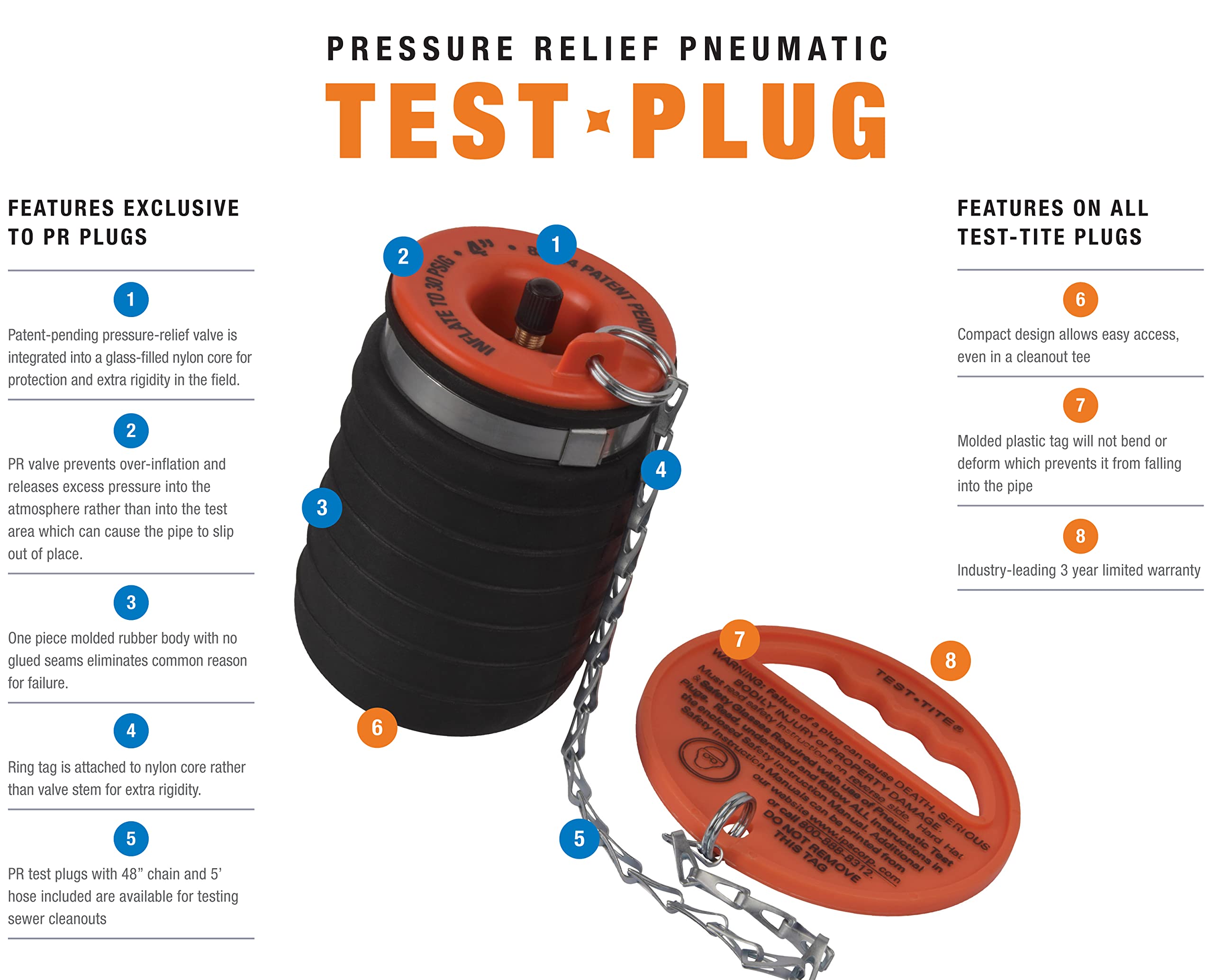 Test-Tite 83584 Natural Rubber Pressure-Relief Pneumatic Test Plug with 12-inch Chain, For 4-Inch NPS