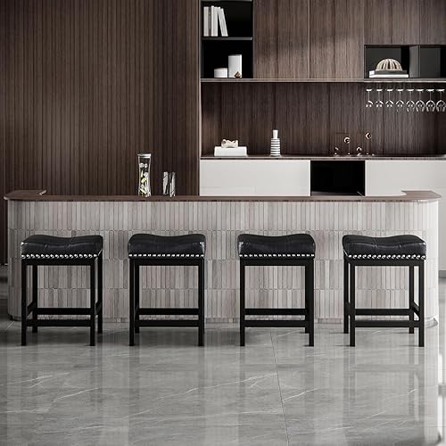 Miniatura 4 de OUllUO Juego de 2 taburetes de bar negros, taburetes de bar de altura de mostrador, taburetes de silla de montar de piel sintética con marco de