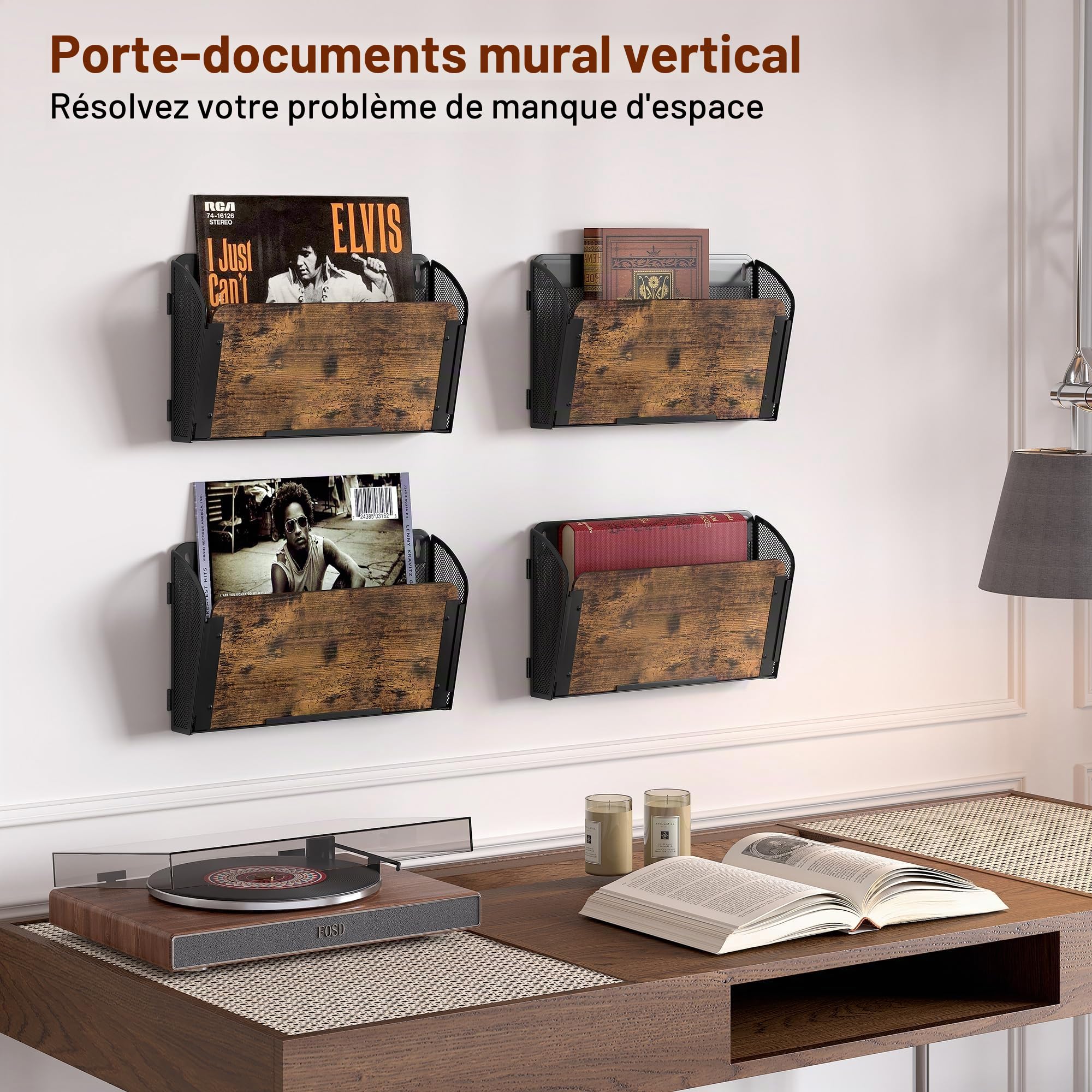 TQVAI Rangement Document Mural, 4 Poches Porte Revue Mural Bois Papier A4 Dossier Papeterie Organisateur de Bureau pour Bureau Maison École, Noir/Antique