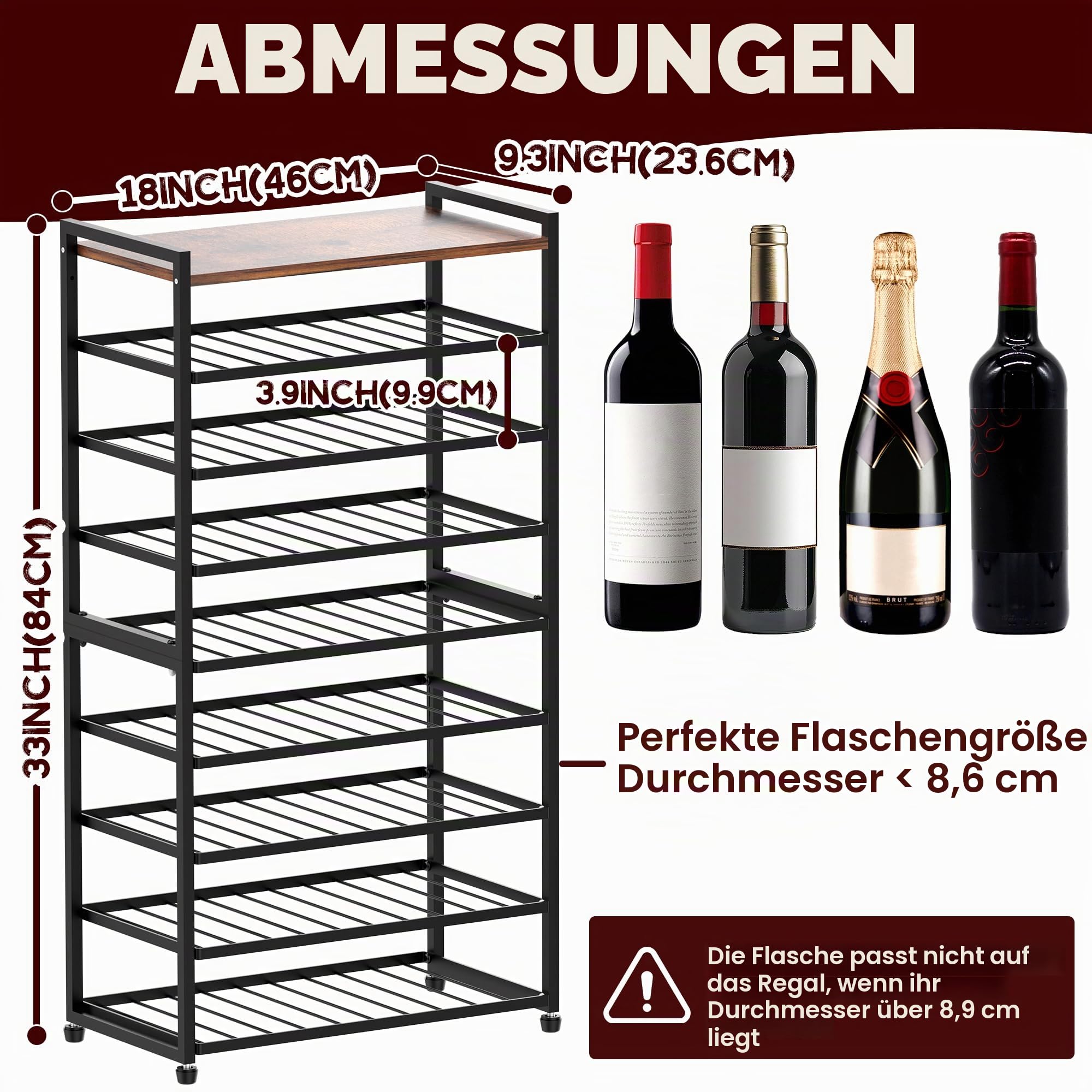 Weinregal für 40 Flaschen, 8-stufiges Flaschenregal, Stehendes Metall-Weinregal mit Tischplatte, Abnehmbarer Weinflaschenhalter, Barständer, Ausstellungsregal für Küche, Bar, Wine Rack