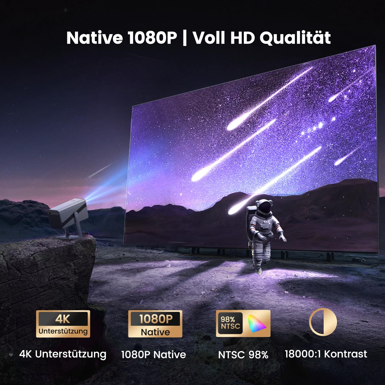 Mini Beamer 4K 600ANSI Smart Beamer 4K Full HD 1080P Auto Fokus Auto Vertikale Trapezkorrektur Projektor 360° Drehbar WiFi6 2-Wege Bluetooth Kurzdistanz Projektor für Home Outdoor Integrierte Apps