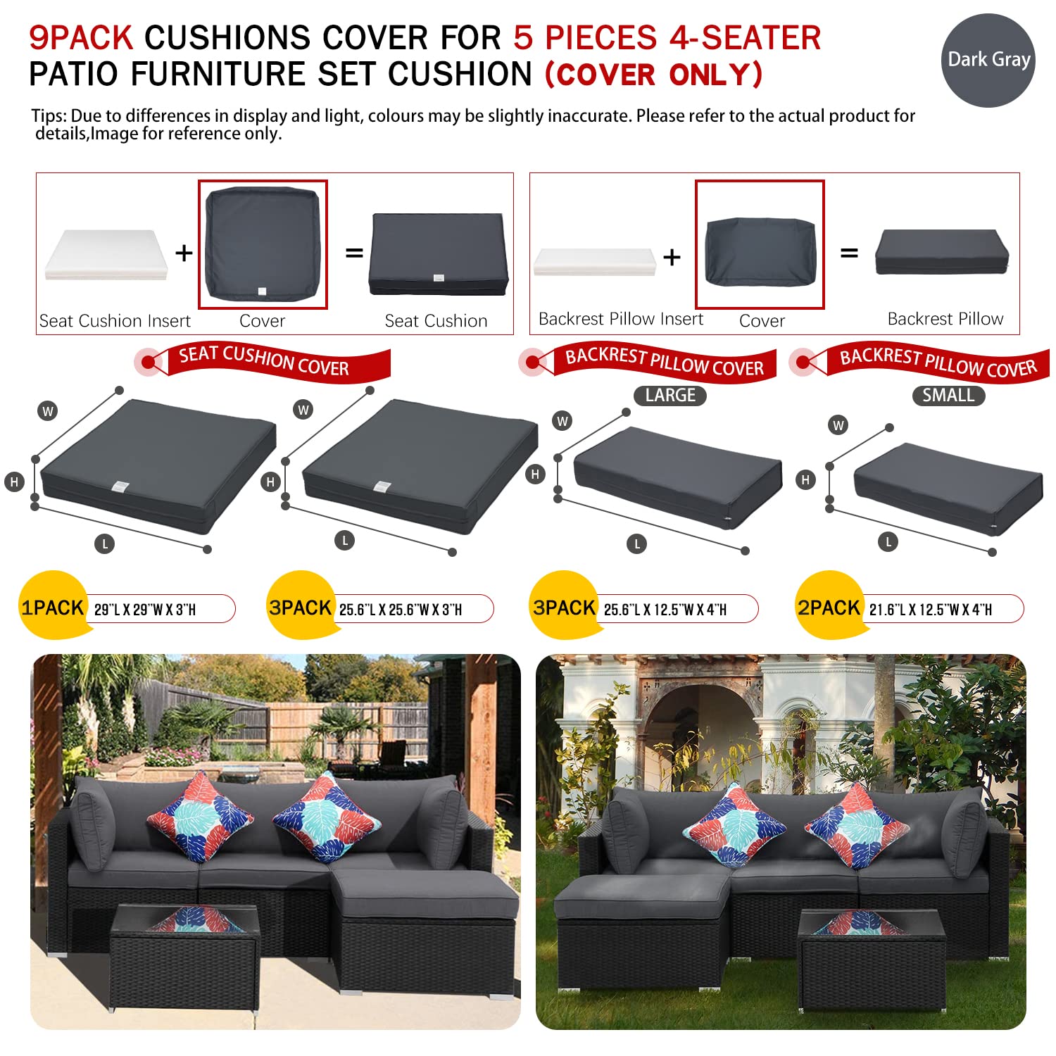 9Pack Outdoor Patio Cushion Replacement Covers Fit for 5 Pieces 4-Seater Wicker Rattan Furniture Conversation Set Sectional Sofa Seat and Back Pillow Cushion,Water-Resistant Durable Fadeless,Dark Grey 2