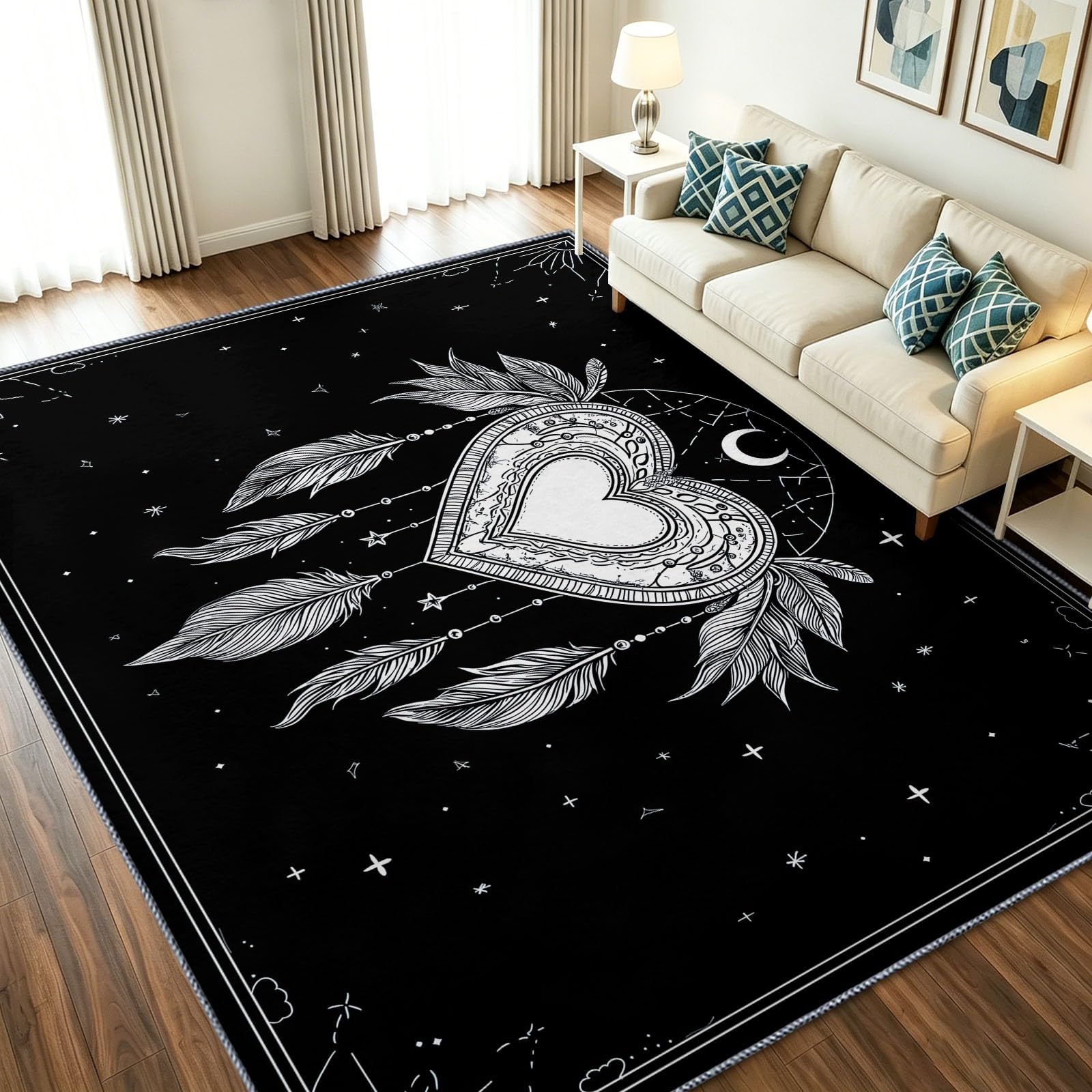 Generisch Teppich Waschbar rutschfest 120 x 170 cm, Boho Minimalistisch Traumfänger Mond Tppiche für Schlafzimmer Kinderzimmer Yogastudio Flur, Schwarz