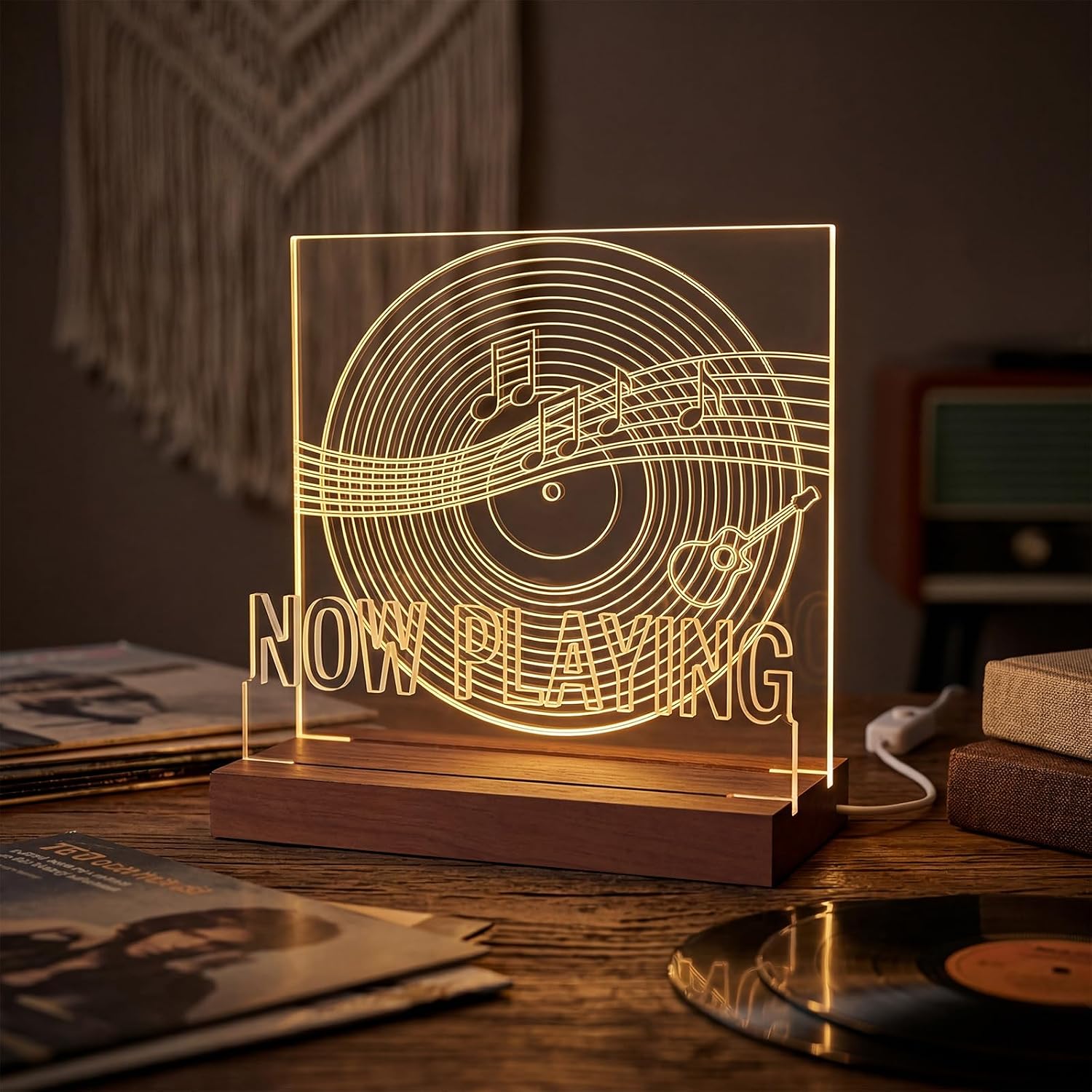 Now Playing Wooden Vinyl Records Stand, Light Up Cd Display Holder