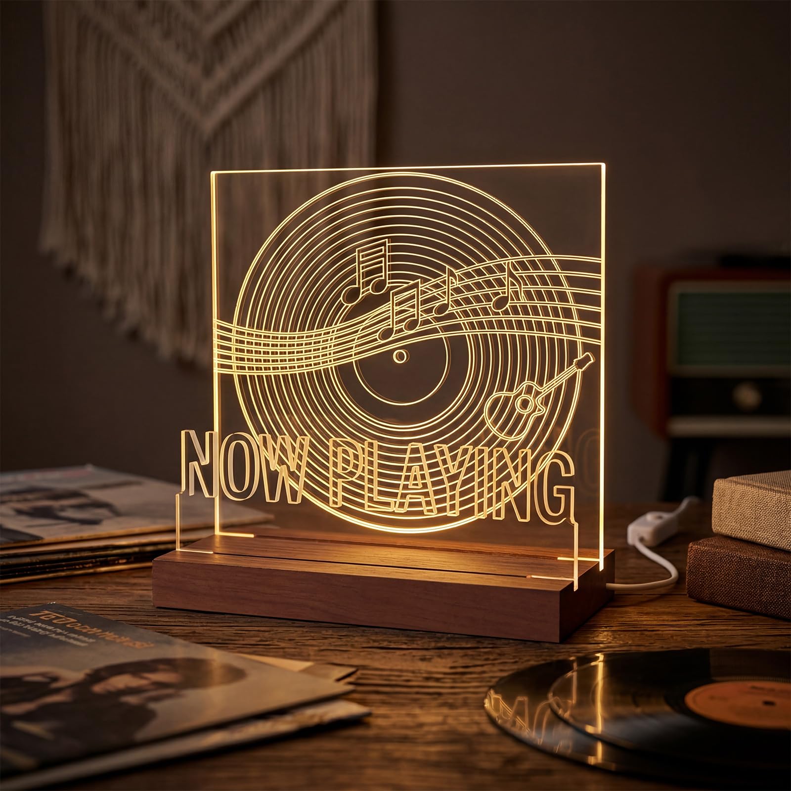 Photo 1 of Acrylic Record Player Stand, Now Playing Wooden Vinyl Records Stand, Light Up Cd Display Holder Album Storage Decor, Music Shelf Record Player Accessories Led White Lights for Room Vinyl Lovers Gifts
