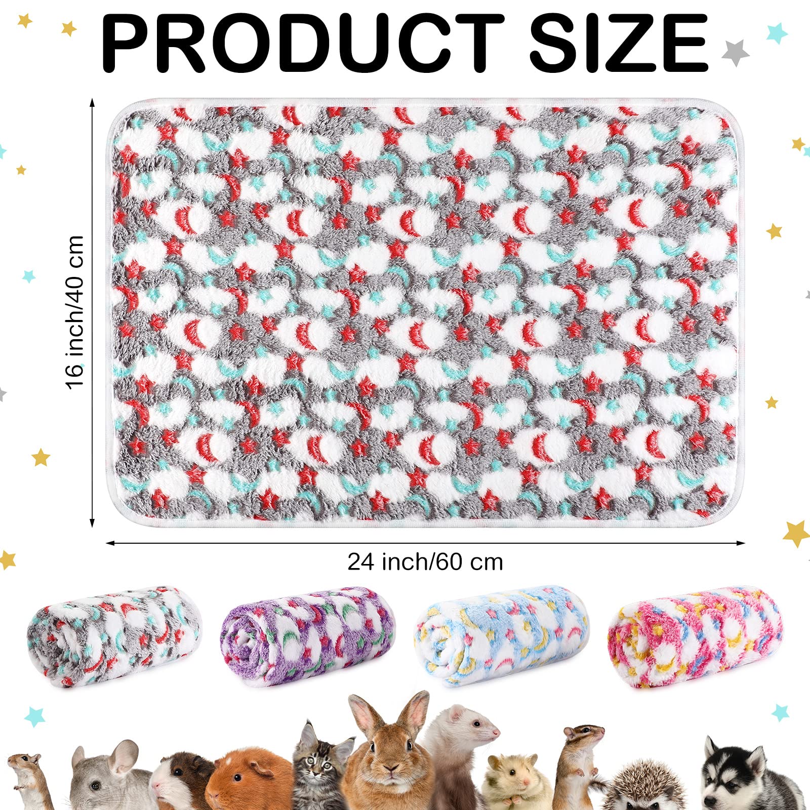 Namalu 4 Coperte per Porcellini d'India Impermeabili Copertina da Letto per Piccoli Animali in Pile Lavabile Fodere Assorbenti per Gabbia Cavia Riutilizzabili (Stella e Luna, 60 x 40 cm)