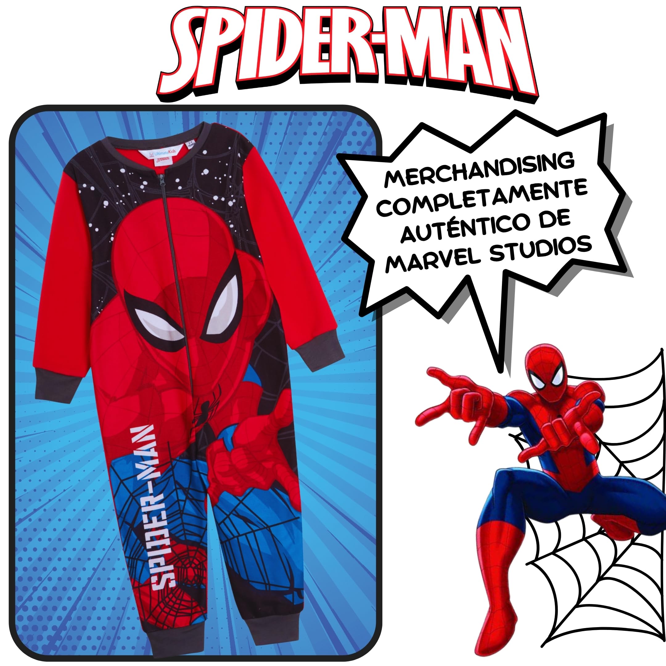 Marvel El Pijama Oficial de Spiderman para niños, de Forro Polar, Tipo Enterizo, Pijamas niños, PJs, con Cremallera, Ropa de Descanso