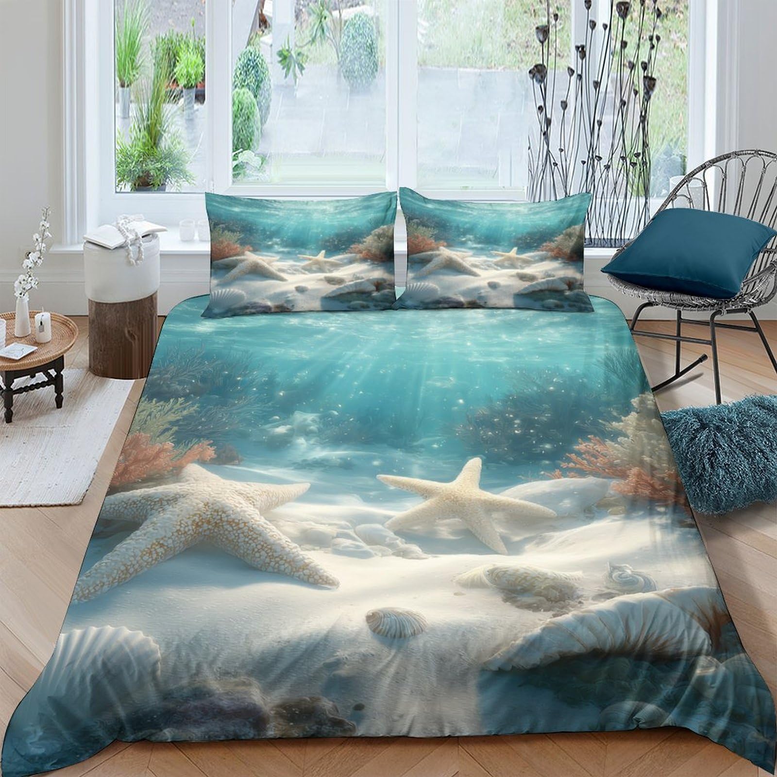 Ctjqhvkz Style-2 3D Printed Ocean Shark Fitted Sheet Microfiber Soft Blue Underwater Mattress Cover For Bedroom Guest Room Decor Single（135X200cm）