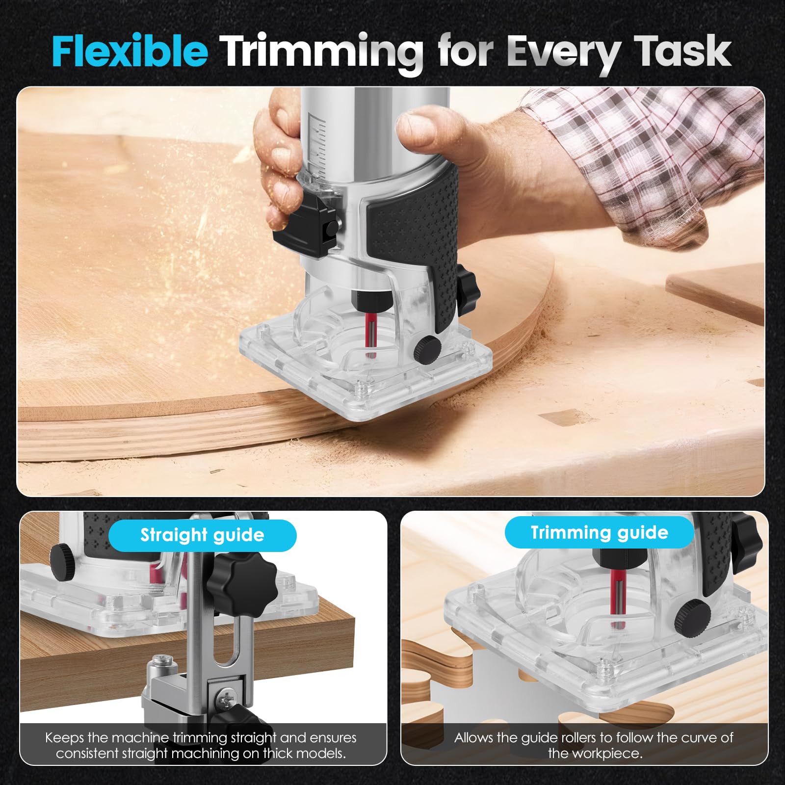 Rifilatore fresatrice verticale per legno 800W con 15 pezzi, fresa in metallo duro, 6,0 + 6,35 mm, pinza di serraggio 30.000 giri/min, con attacco di aspirazione della polvere, 6 velocità