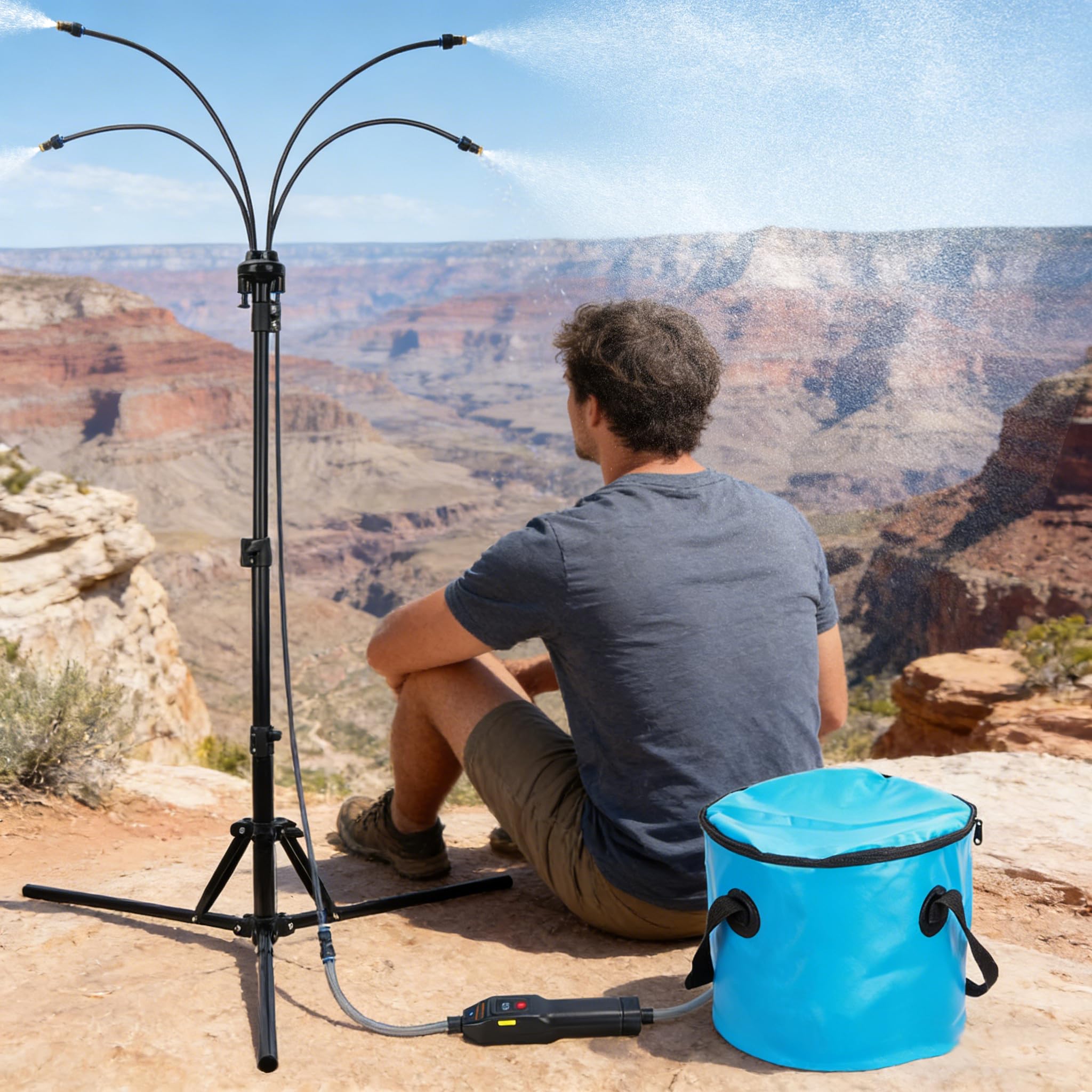 Stehende Sprühnebel für Außenterrasse, 150 cm, höhenverstellbar, mit wiederaufladbarer Wasserpumpe und tragbarem Eimer, kein Wasserhahn erforderlich, Kühlnebel für Terrasse, Hinterhof, Veranda und