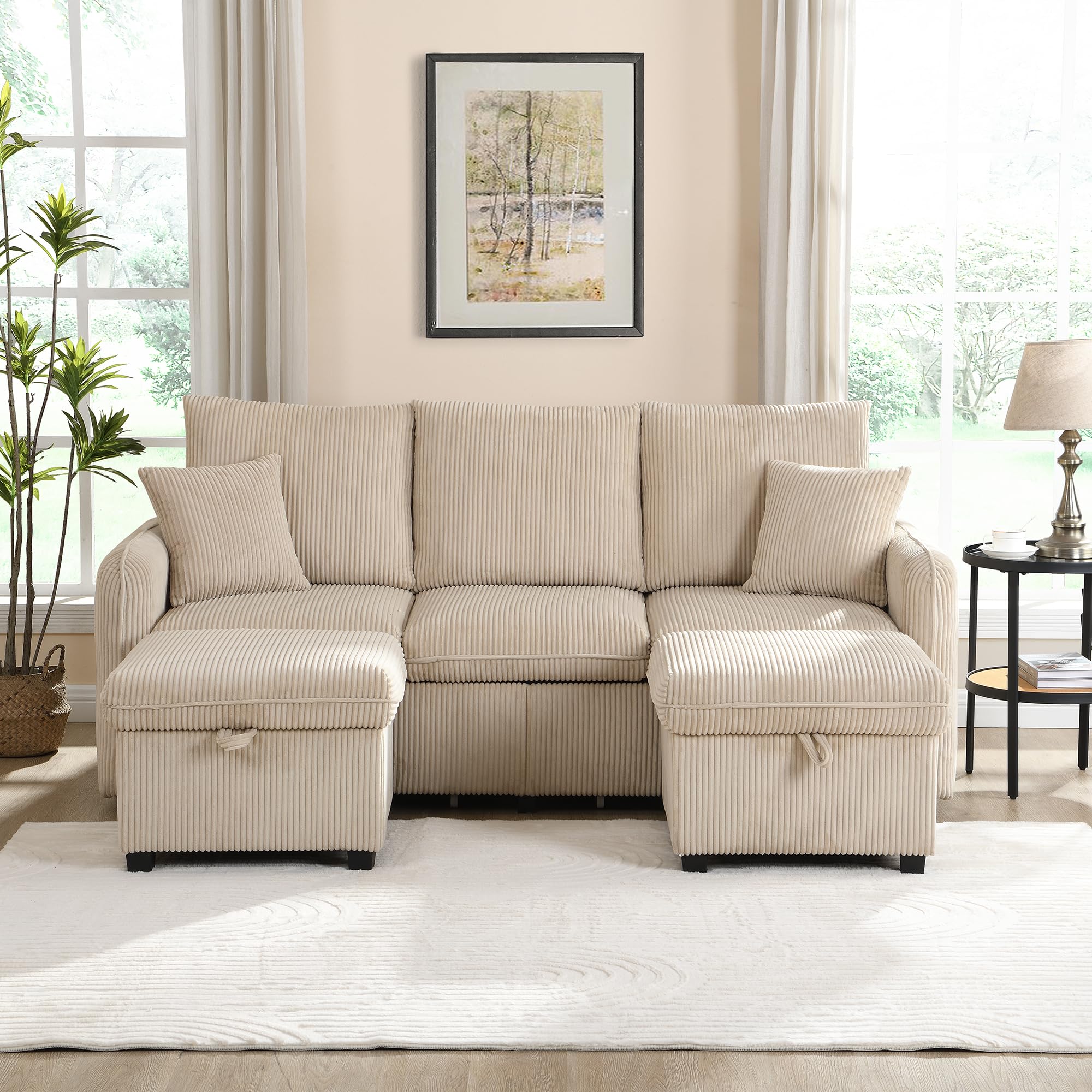 188x186x86 cm Canapé d’Angle Modulable en U, Canapé Convertible 3 Places, avec 2 Repose-Pieds, Rangement Intégré, Chenille, pour Salon, Bureau (Beige)