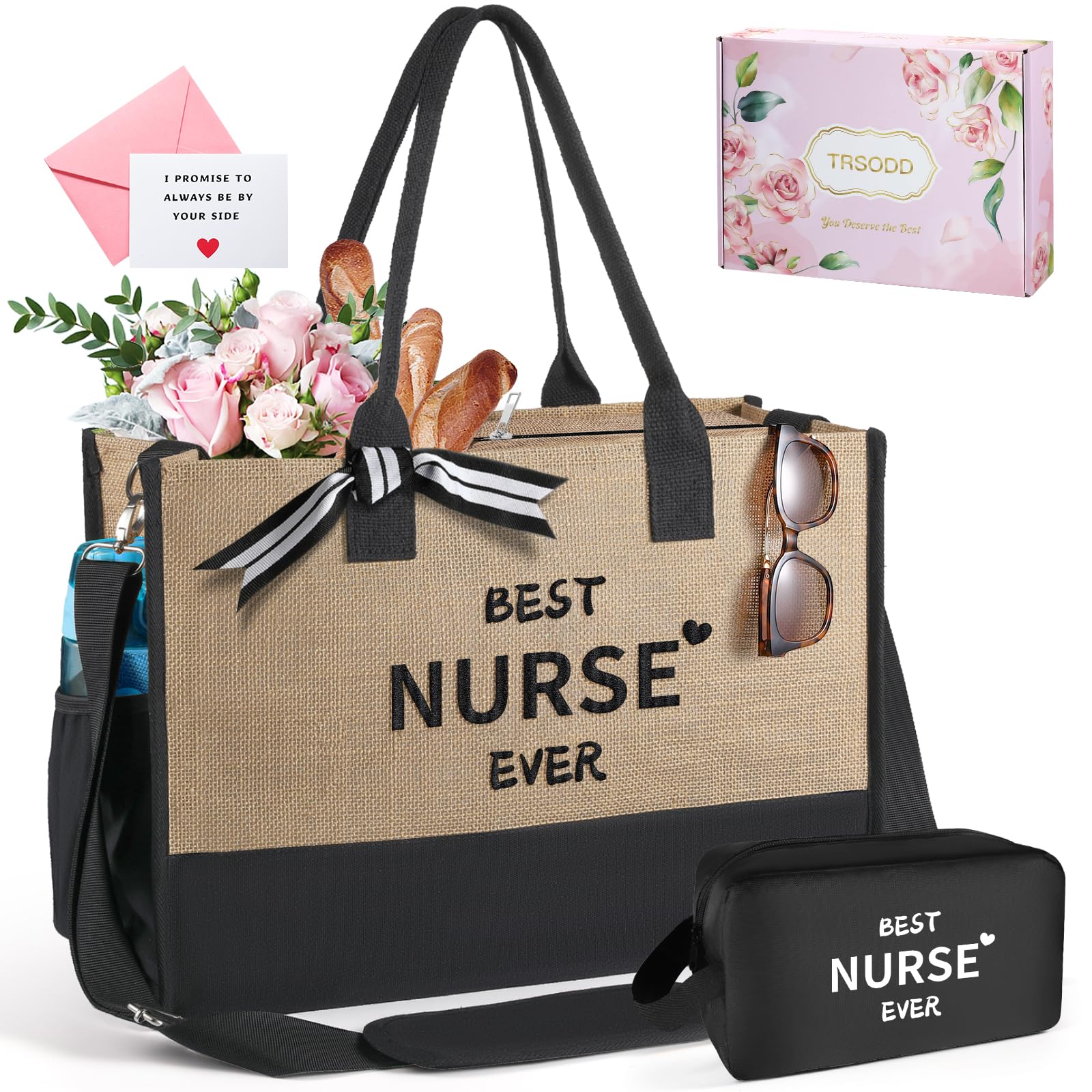 TRSODD Nurses Week Gifts for Women Nurse Appreciation Birthday Gifts for Women Jute Embroidered Tote Bag and Makeup Bag