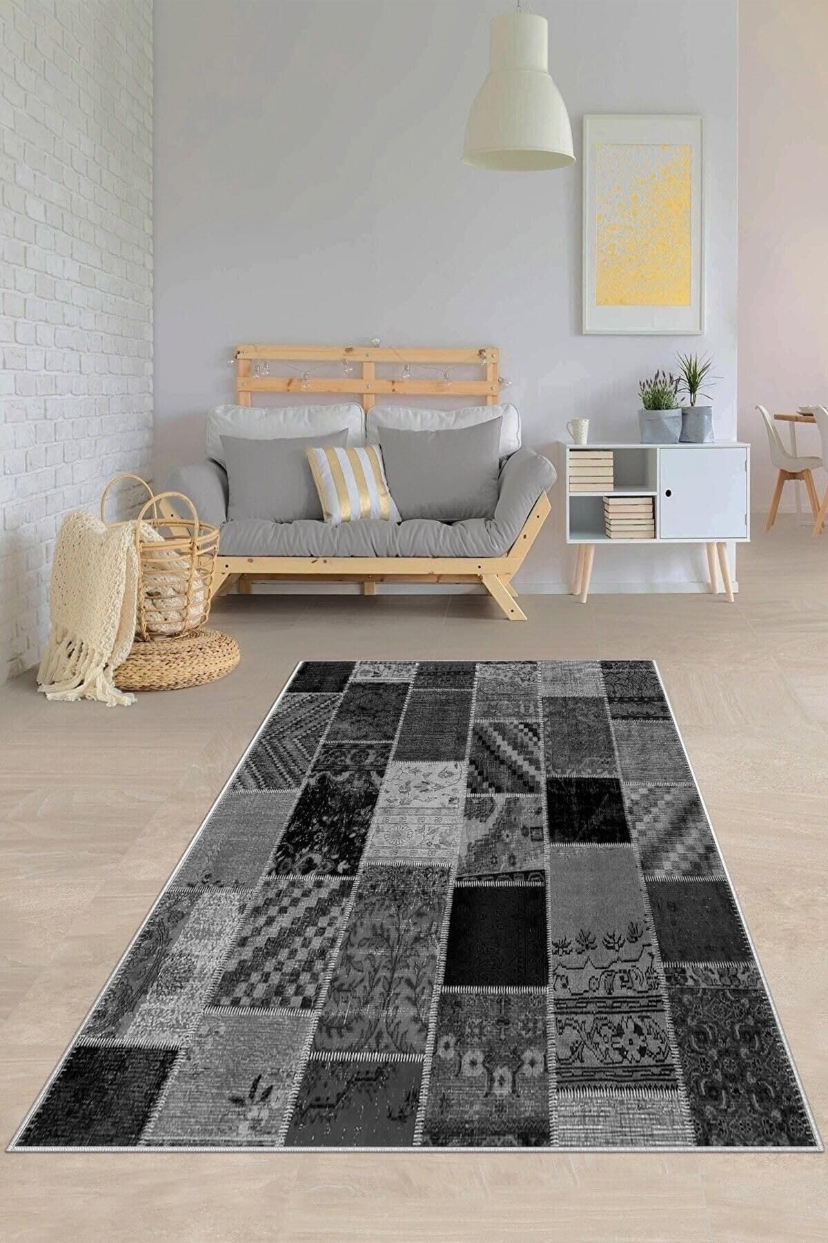 Pelangi Gri Patchwork Kırkyama Desen Yıkanabilir Kaymaz Taban Leke Tutmaz Modern Salon Halısı Ve Yolluk, Siyah-Antrasit 100 x 500, 1358172100500728