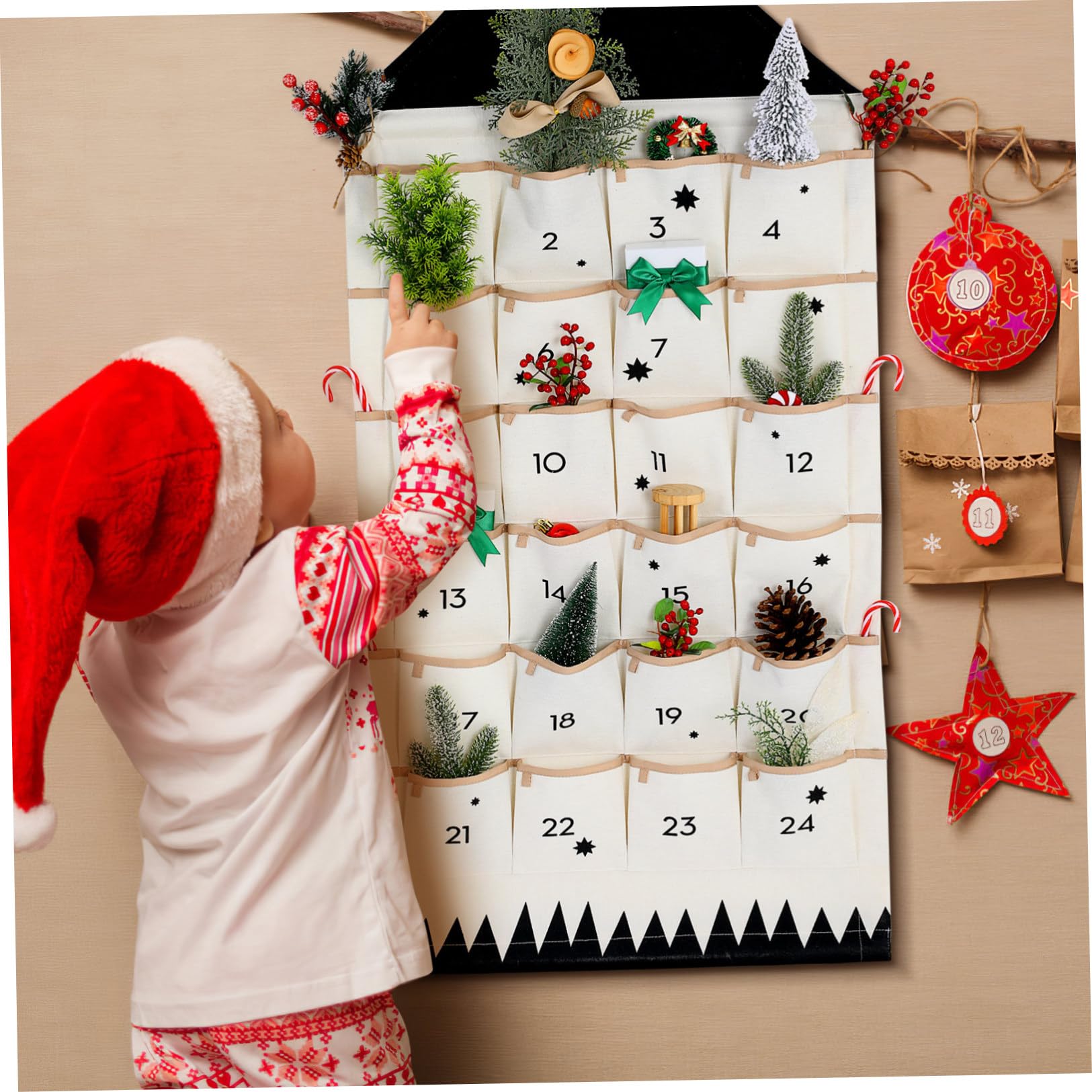 SHINEOFI Calendario Avvento da Appendere Tasche Multiple per Decorazioni Natalizie e Organizzazione a Muro, Contenitore Portaoggetti Natalizio per Casa e Festa