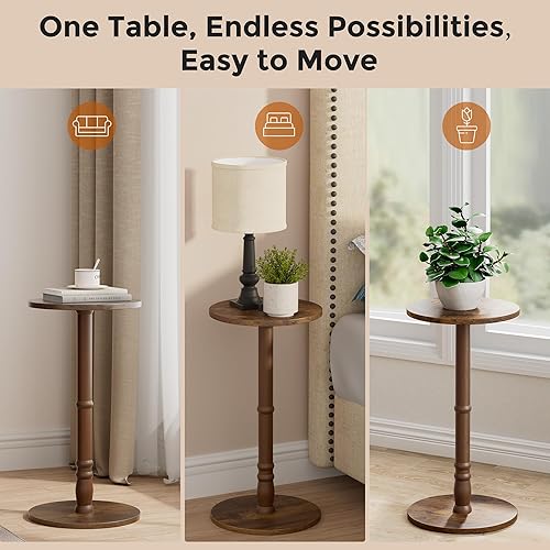 Miniatura 8 de Mesa auxiliar redonda, pilar de madera maciza con parte superior y base de madera, mesa decorativa pequeña para sala de estar, dormitorio, sofá y