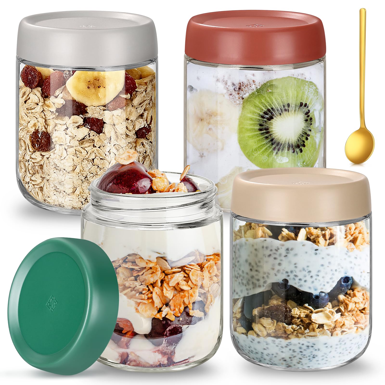 Mapille 6 Pezzi Barattoli Ermetici di Vetro con Coperchio, Vasetti Vetro con Tappo, Barattoli di Avena con Coperchio Contenitore di Glass per Avena, Miele, Marmellata, Insalata, Yogurt, 300/500ml