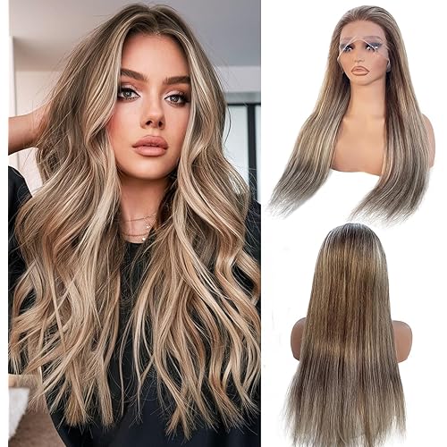 Munx Brown Highlight Lace Front Wigs Human Hair, 180% Density Preplucked 13x4 HD Transparent Human Hair Wigs with Around Baby Hair Chestnut Brown Balayage Beige Blonde Lace Wig for Women 22"