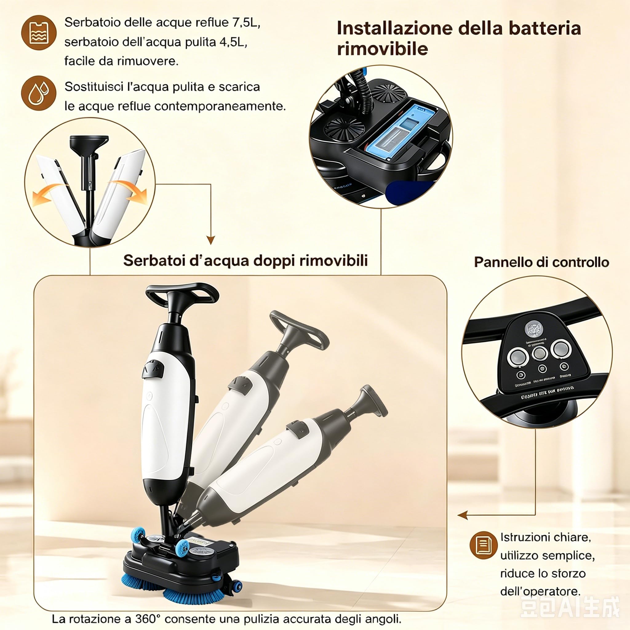 Autolaveuse Sol, Laveuse Sol, Largeur de Nettoyage de 45 cm, Capacité de Nettoyage de 12 000 Pi²/H, 240 Nettoyage en Profondeur RPM, Double Brosse, Autolaveuse électrique White