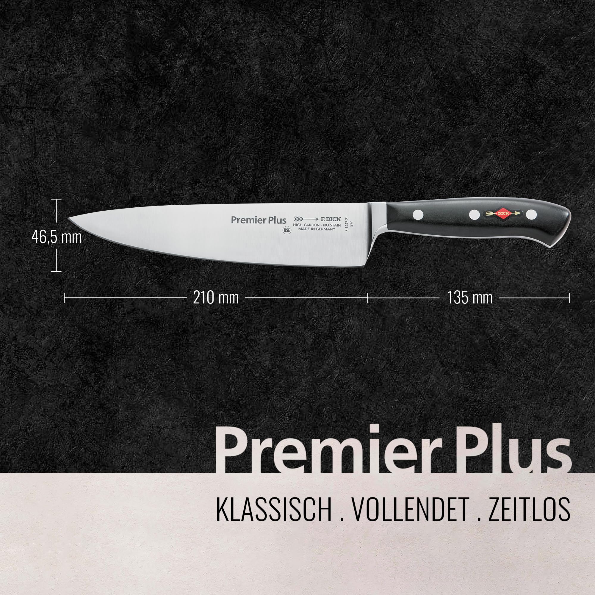 F. Dick Kochmesser, Küchenmesser, Premier Plus (Messer mit Klinge 21 cm, X50CrMoV15 Stahl, nichtrostend, 56° HRC) 8144721 | 0CrMoV15 Stahl, nichtrostend, 56° HRC) 8144721