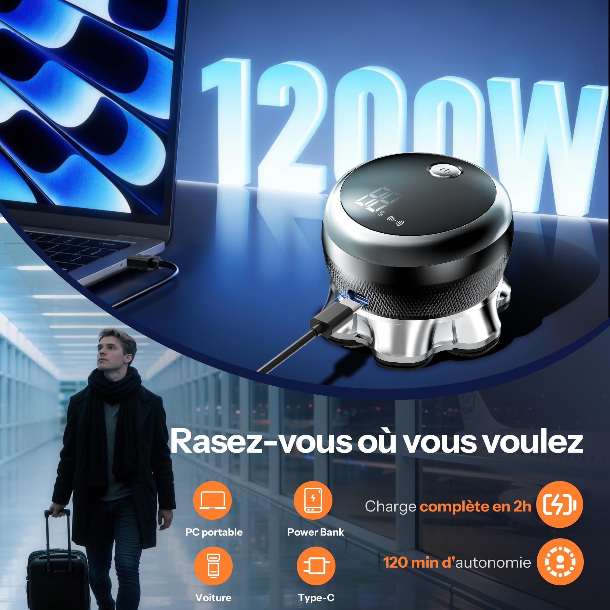 Rasoir Tete Chauve Homme, Yeerain 7D Flexible Rasoir avec 2 Vitesses Réglables, Tondeuse Crane Chauve Sec & Humide, Longue durée de vie des piles, Facile à Nettoyer, Chargement USB-C