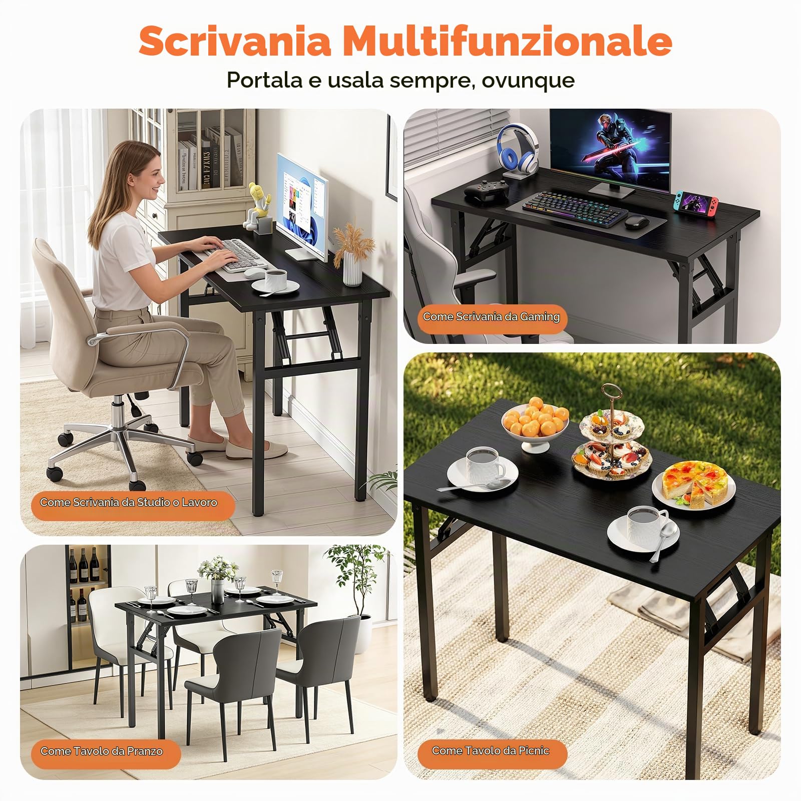 Tavolo pieghevole, scrivania per computer, capacità di carico 150 kg, spazioso piano con ampio spazio per gambe, robusto telaio in acciaio, nessun montaggio richiesto, tavolo da scrittura