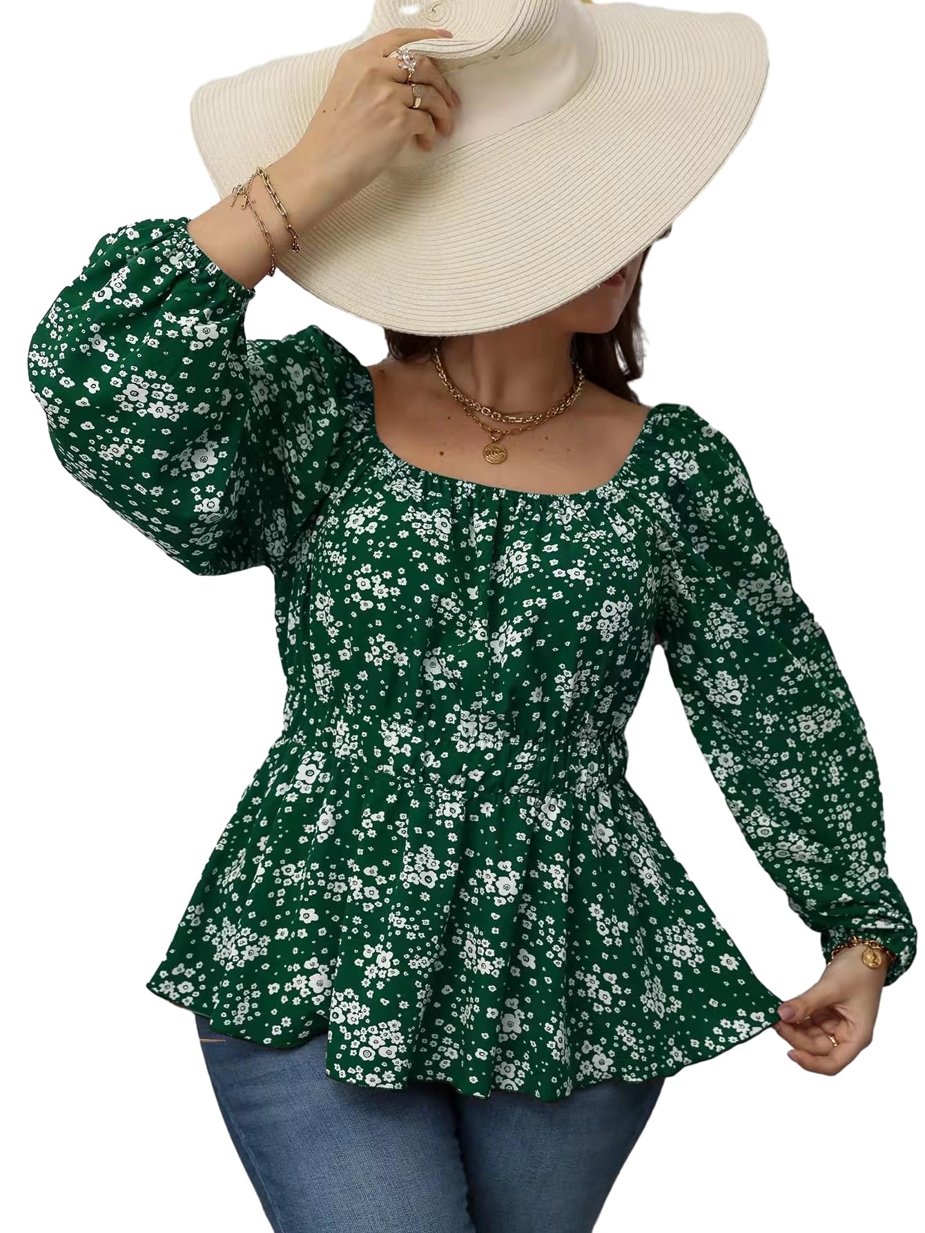 OYOANGLEWomen's Plus Size Floral Blouse Long Sleeve Peplum Boho Square Neck Top Shirt