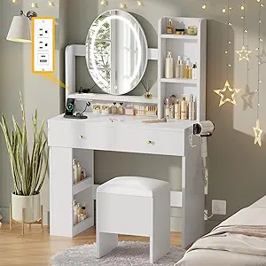 DWVO Vanity Desk with Mirror and Lights, Makeup Vanity Table Set with Power Outlets and Chair, 3 Lighting Colors, Makeup Desk with 2 Drawer and Lots Storage Shelves, White Dressing Table for Bedroom