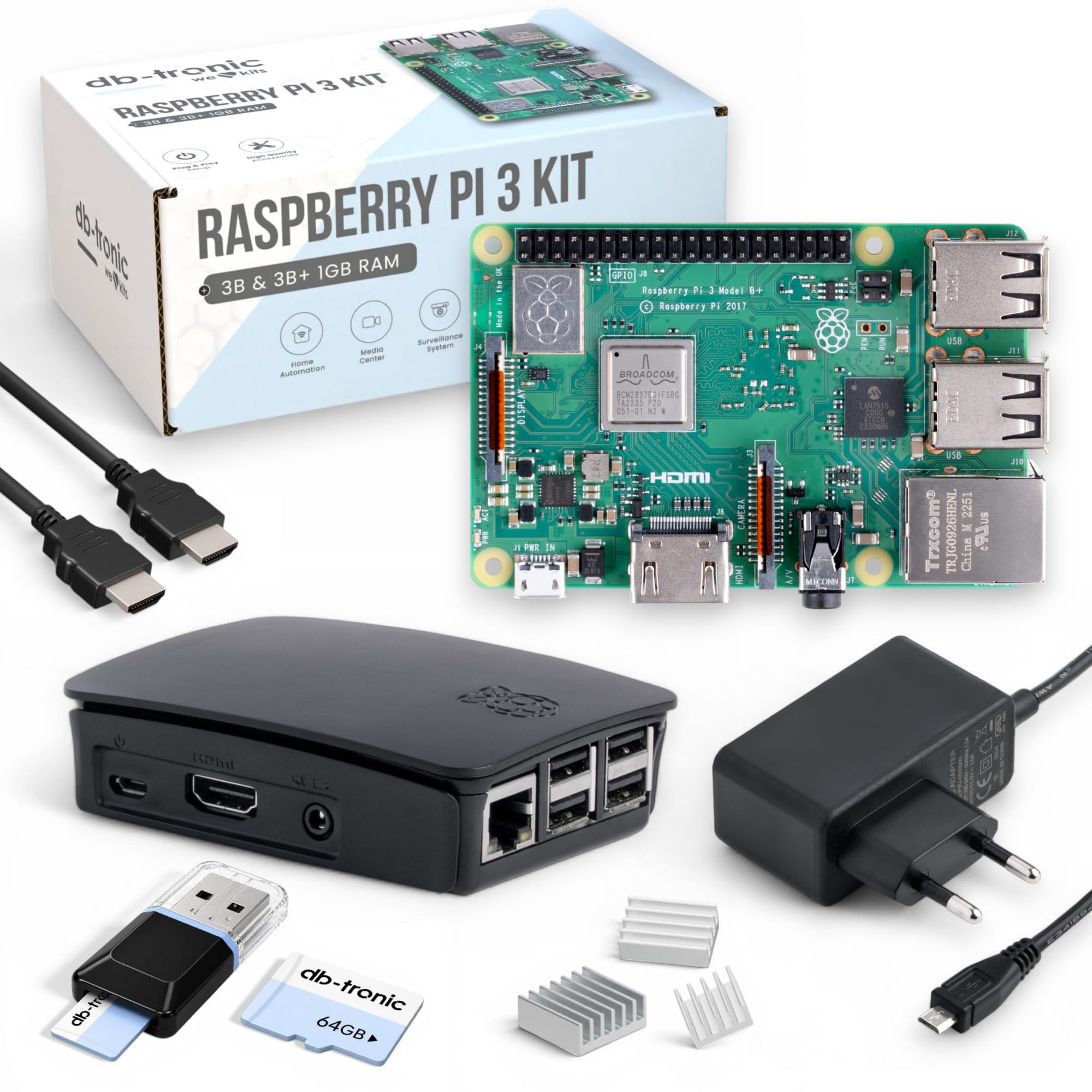 Raspberry Pi 3 B+ 1GB Starter Set 64GB Edition Netzteil Gehäuse Kühlkörper 4K HDMI Kabel