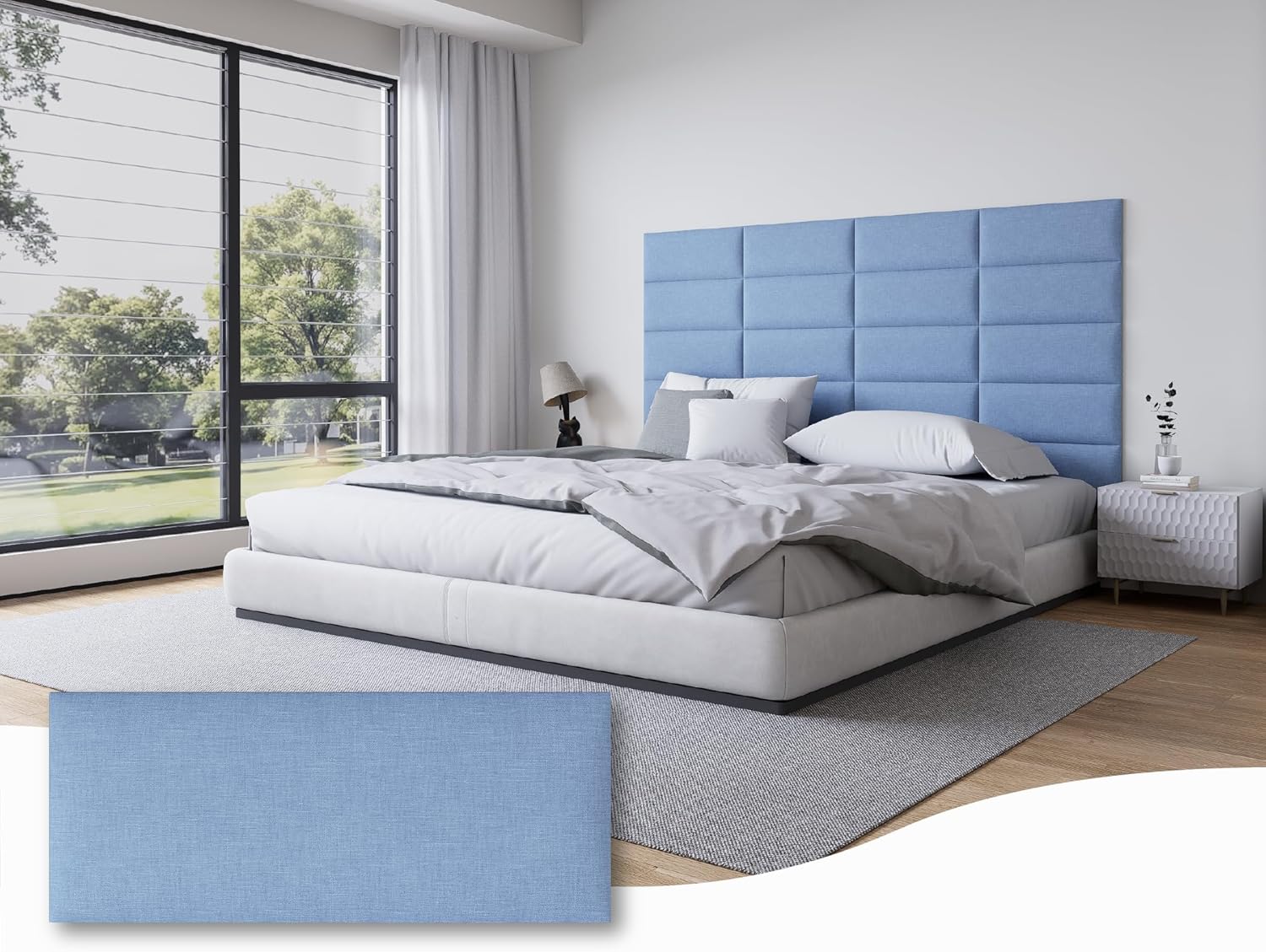 Queen Size Headboard Only, Upholstered 9PCS Wall Mounted Stick-On Bed Head Board, Interior Tufted Fabric Panels for Bedroom Decor, 10"x24" Each, Light Blue Fabric - Light Blue Queen