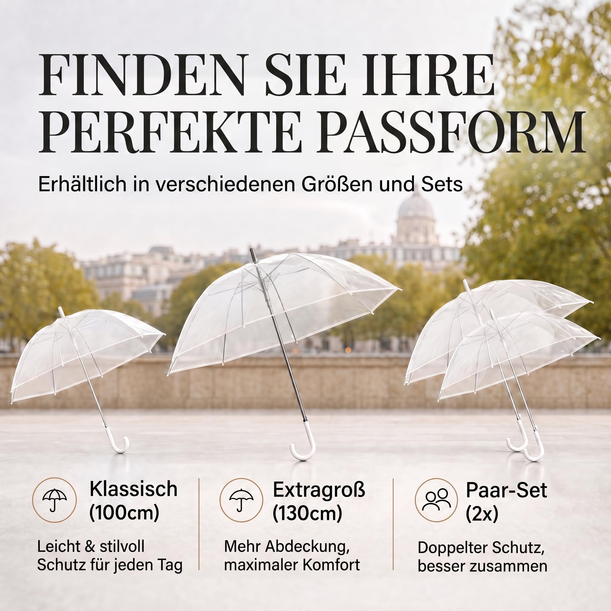 GOODS+GADGETS Durchsichtiger Regenschirm transparent, weißer Stockschirm Ø 100 cm; Eleganter Regenschirm in transparent - Das Fashion-Highlight