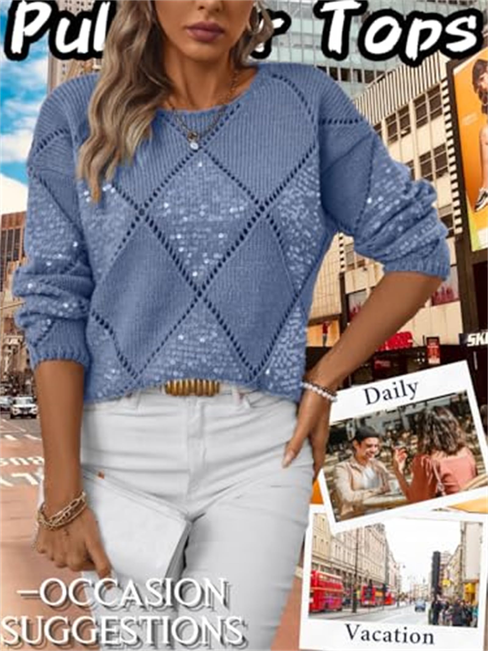 Generico Maglione da Donna in Maglia Traforata con Paillettes Scintillanti, Girocollo, Maniche Lunghe, vestibilità Ampia, Blusa Casual per Primavera/Autunno e Feste.