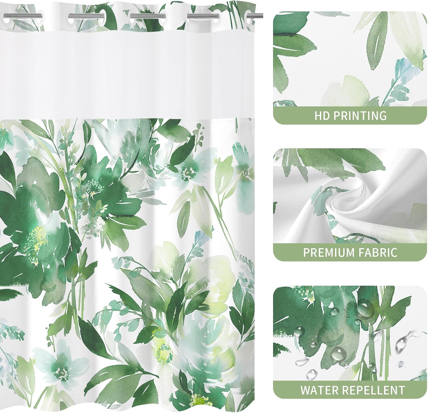 Litabel No Hook Sage Watercolor Floral Shower Curtain and Liner Set, Flower Shower Curtains with Snap in Liner for Summer Green Bathroom Decor, White Botanical Waterproof Shower Curtain Set,72x74