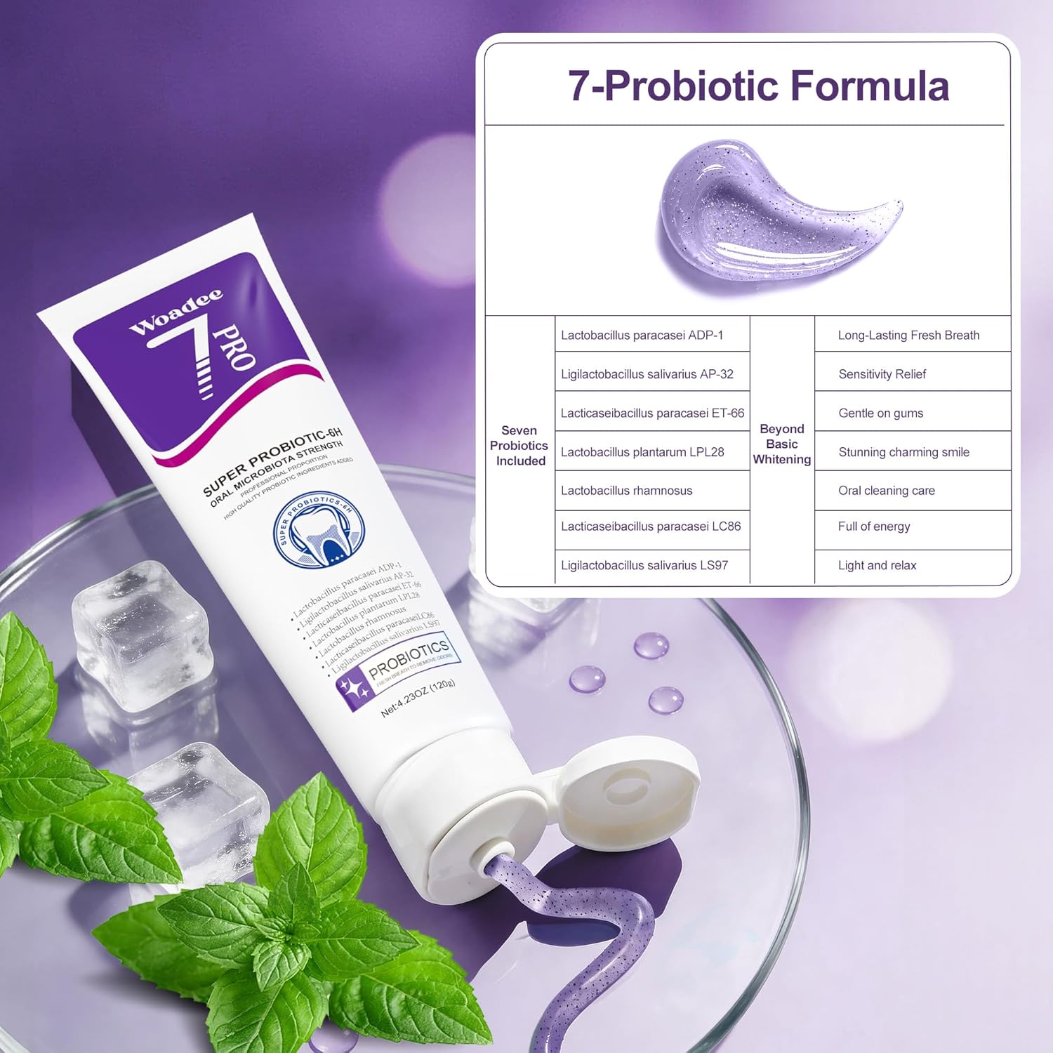 7-Pro Whitening Toothpaste with 7 Probiotics, Advanced Stain Removal Formula for Gum Health, Purple Burst Beads for Fresh Breath, Fluoride-Free & Enamel Safe (4 PCS)