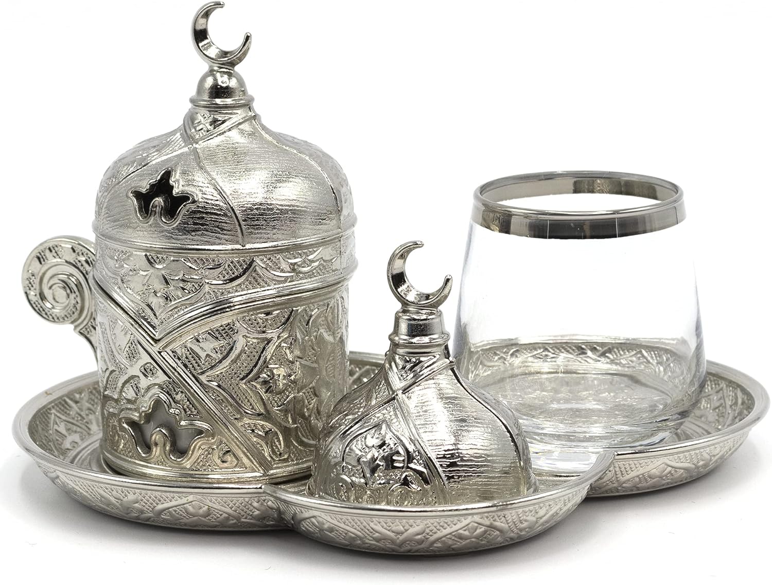 Modefa Turkish Luxury 4 Piece Coffee & Zamzam Water Cup Set | Premium Porcelain | Ottoman Style Tray (Silver)