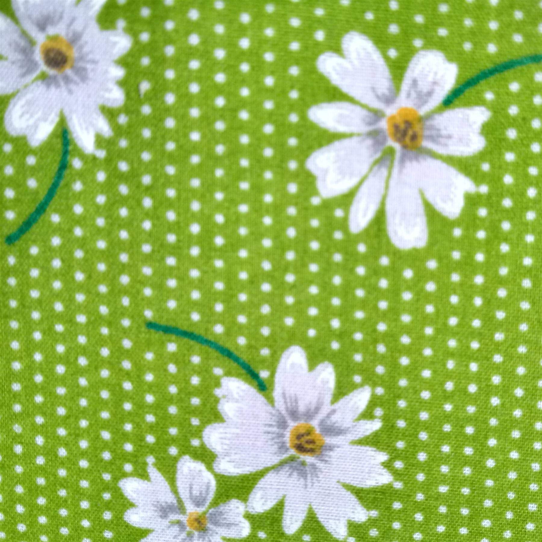 Polka Dot Polycotton Fabric with White Daisies-Lime (Per Metre)
