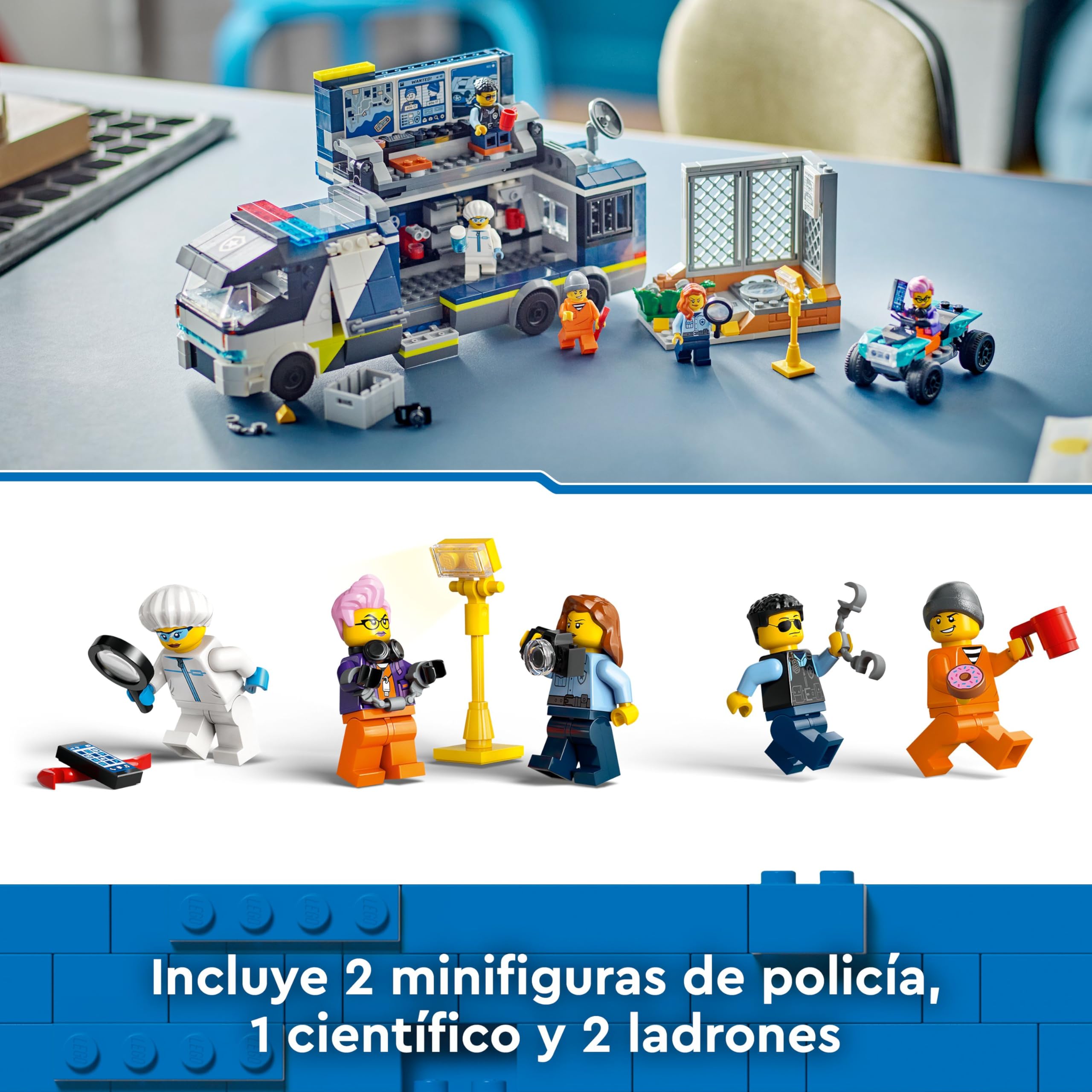 LEGO City Laboratorio de Criminología Móvil de la Policía, Regalo para Niños y Niñas de 7 Años o Más, Quad de Juguete y Minifiguras de Agentes, Científico y Ladrones, Juego de Roles 60418