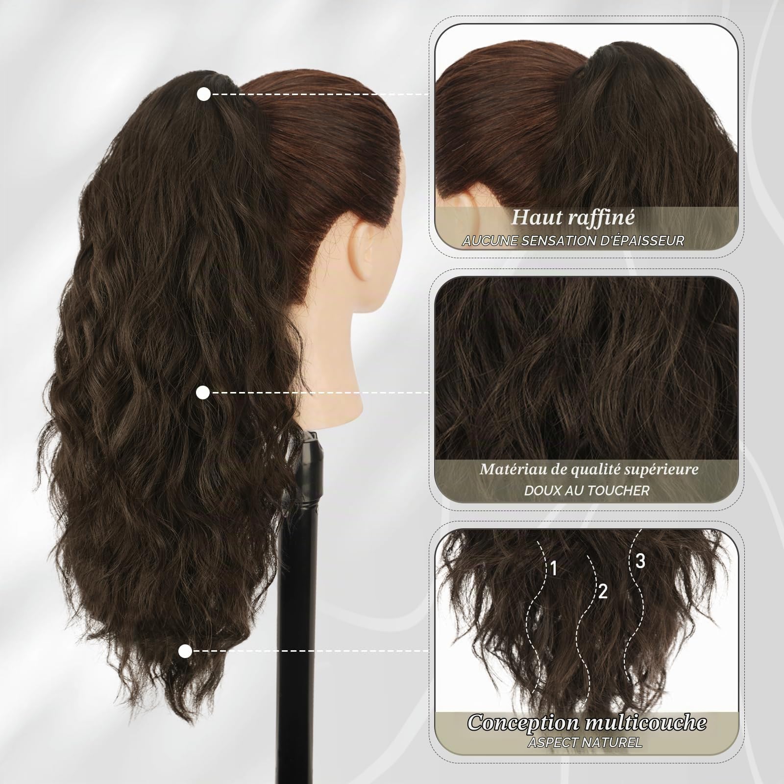 BARSDAR Extensions de cheveux synthétiques à clipser pour queue de cheval - 45,7 cm - Cheveux bouclés et ondulés - Pour tous les jours - Brun foncé