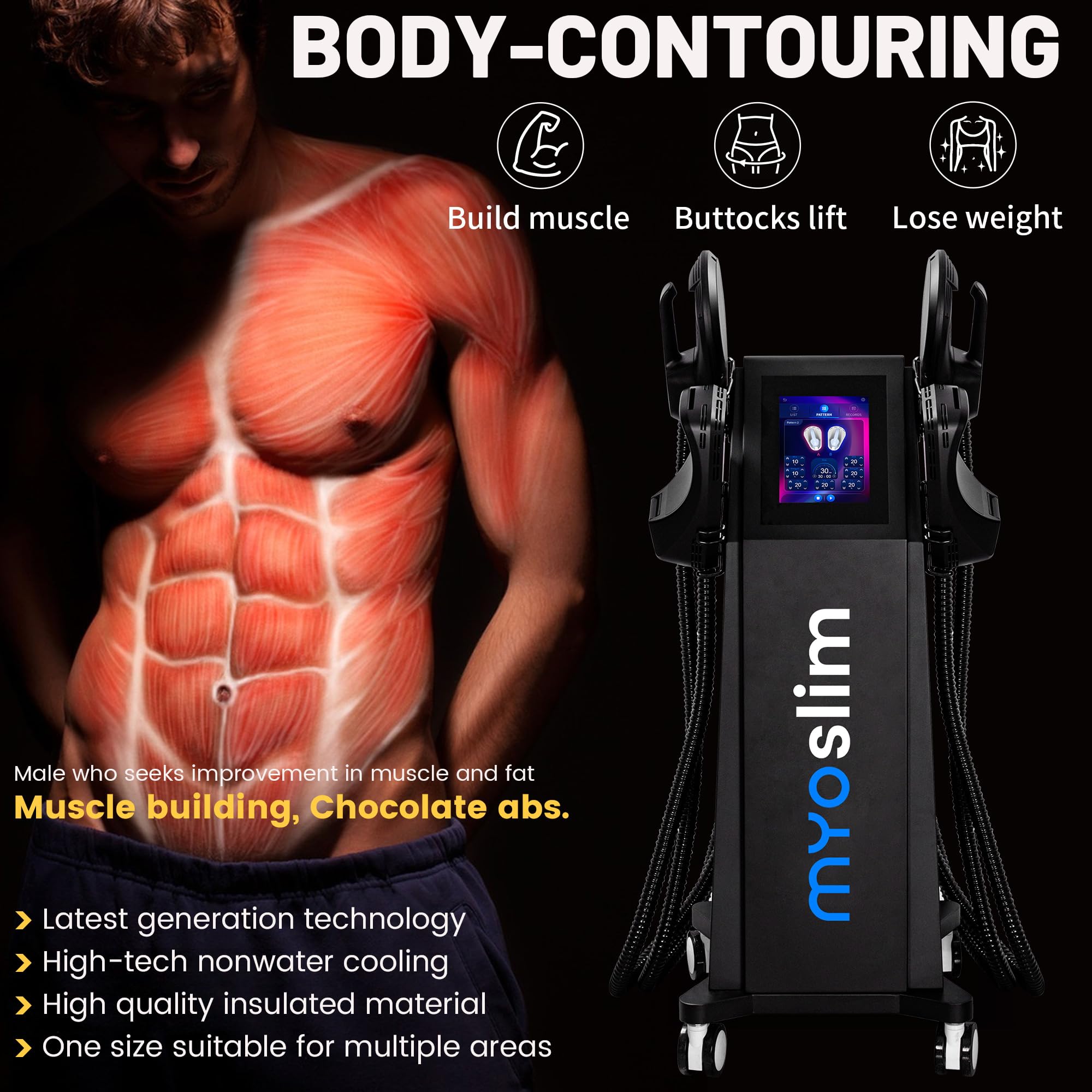 Dispositivo de electroestimulación muscular (EMS) para moldear el cuerpo, esculpir el abdomen, las caderas y los brazos, reafirmar la piel, apto para uso doméstico o profesional, 4 asas, color negro