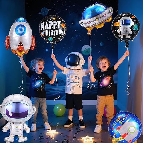 Miniatura 7 de 9 globos espaciales, globos de cohete de astronauta, decoraciones de fiesta temática de planetas para fiestas de cumpleaños