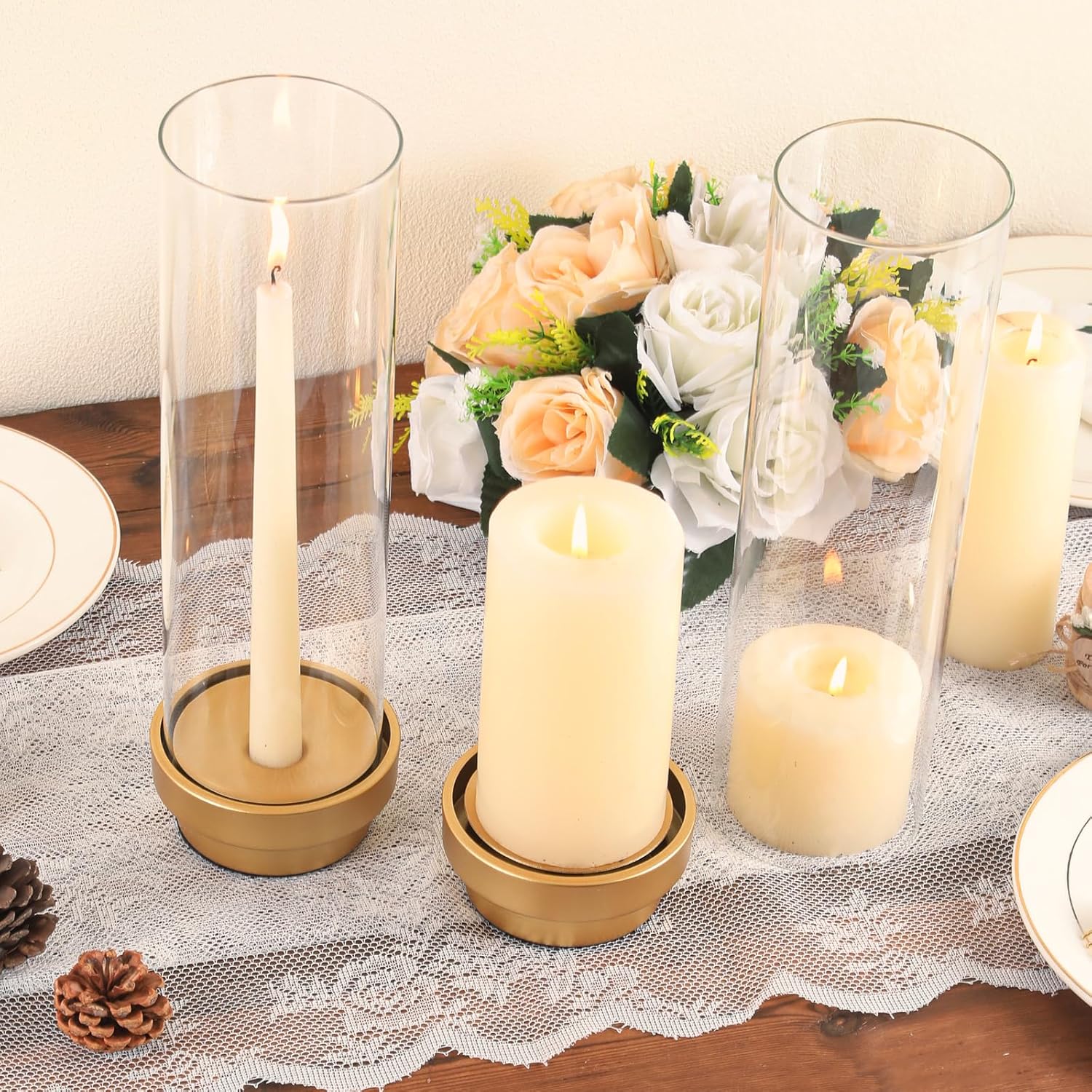 Gold Hurricane Candle Holders Set of 2 – Multi-Use Taper & Pillar Candle Stands with Removable Glass Sleeves – Matte Gold Metal Centerpieces for Weddings, Dining Table, Holidays, and Home Decor - Image 6