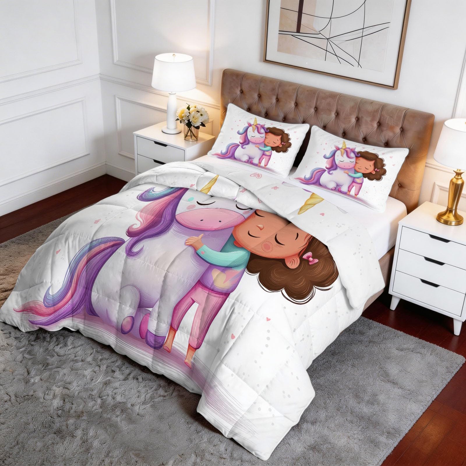 Generisch Süßes Kleines Mädchen Einhorn Bettdecke 155 x 220 cm 4 Jahreszeiten Steppdecke, Lustiger Cartoon Waschbare Ganzjahresdecke Mädchen Bettwaren Set Babyzimmer Kinderzimmer Bettdecke Ohne Bezug