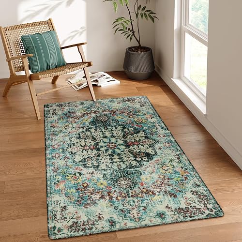 Lahome Reine Bohemian Floral Medallion Area Rug - 3x5 Washable Bedroom Rug Entryway Mat, Non Slip Pet Friendly Turkish Nursery Carpet for Kitchen Sink Camper Couch Living Dining Room Office Hardwood