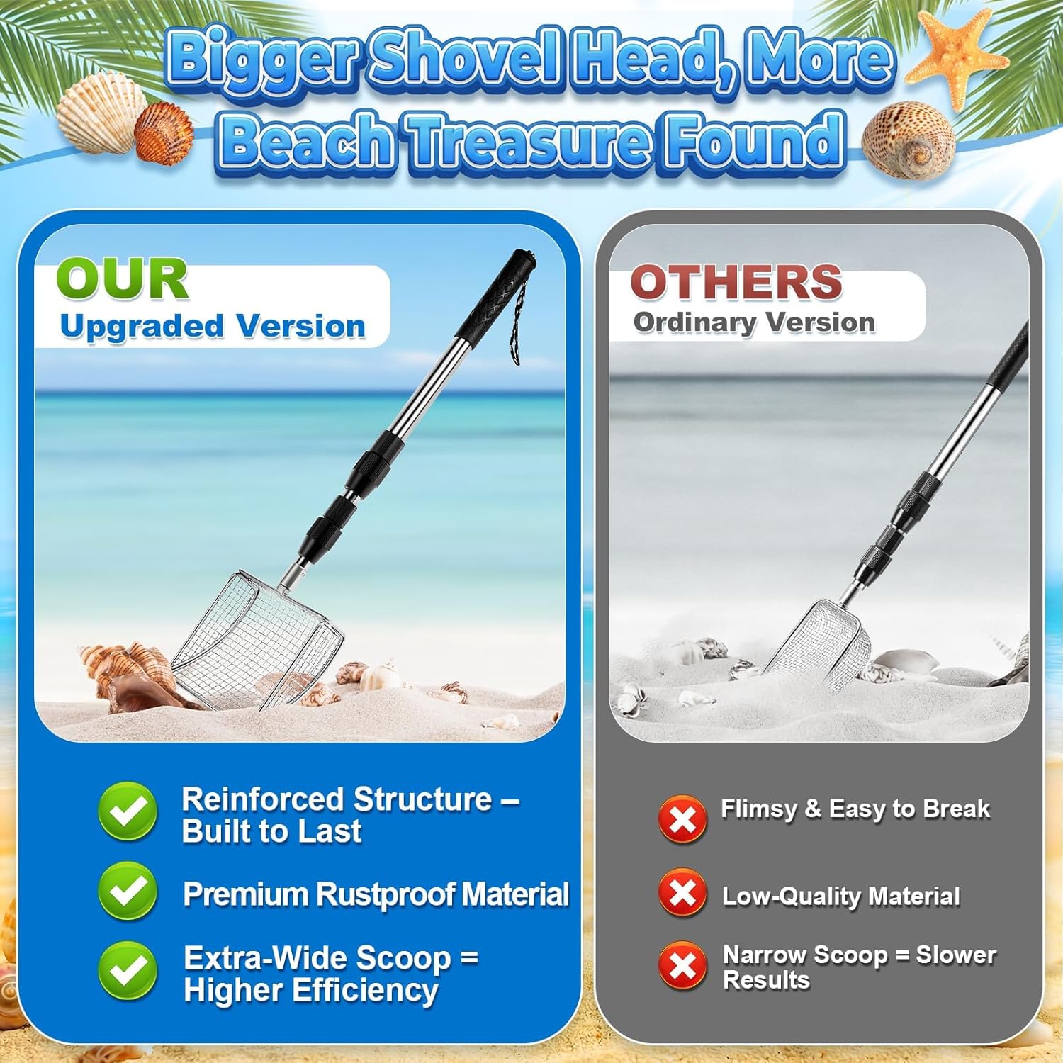 RGQSUN 2 Shark Tooth Sifters with 2 Seashell Bags, Beach Sand Sifter Set with Extendable Handles for Shell Collecting, Sea Glass, Shark Teeth and Small Beach Finds