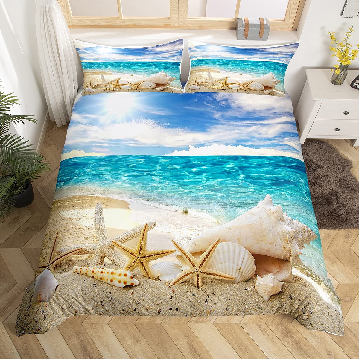 Funda de edredón con diseño de estrella de mar, juego de ropa de cama de verano para niños y adultos, ropa de cama hawaiana de vacaciones y lino, ultra suave, tropical, naturaleza, mar, tamaño king
