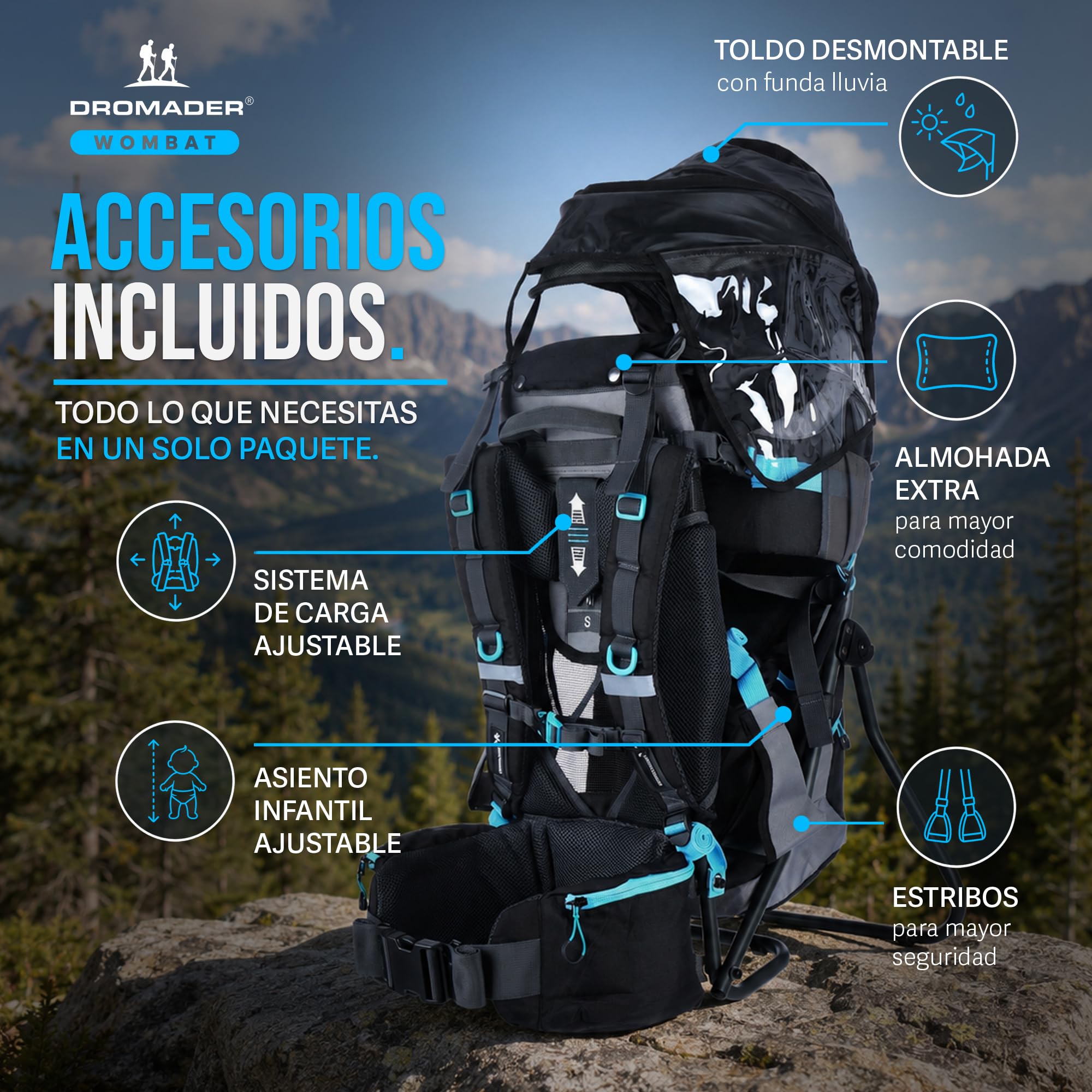 DROMADER Mochila Portabebe Montaña - Portabebes Senderismo hasta 22kg con Protector Solar, Protector de Lluvia, Bolsillo Térmico y Cambiador - Estructura Plegable con Una Mano - Negro y Azul