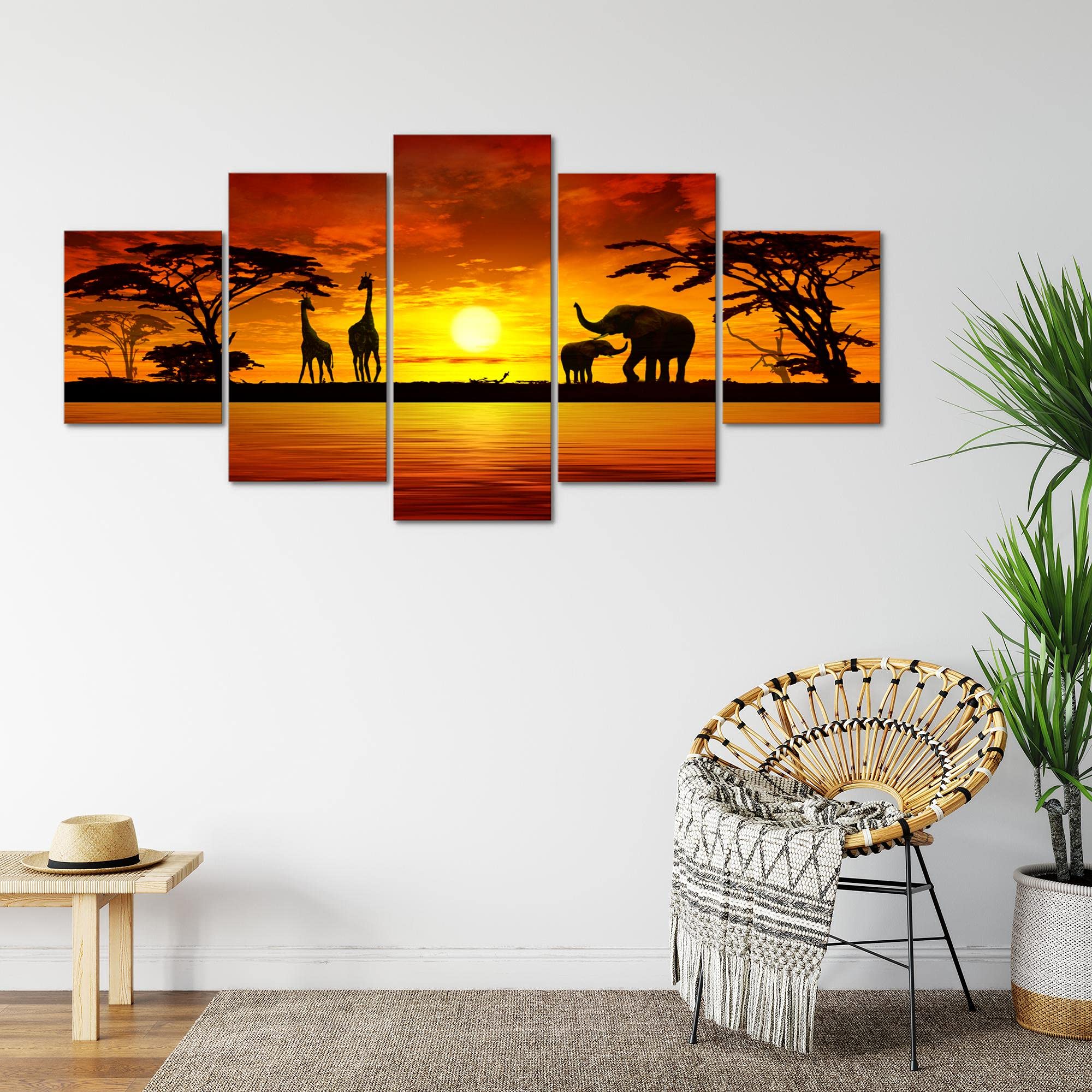 Runa Art - Tableau Afrique Le Coucher Du Soleil 200 x 100 cm 5 Parties XXL Decoration Murale Dessin Orange 000251a