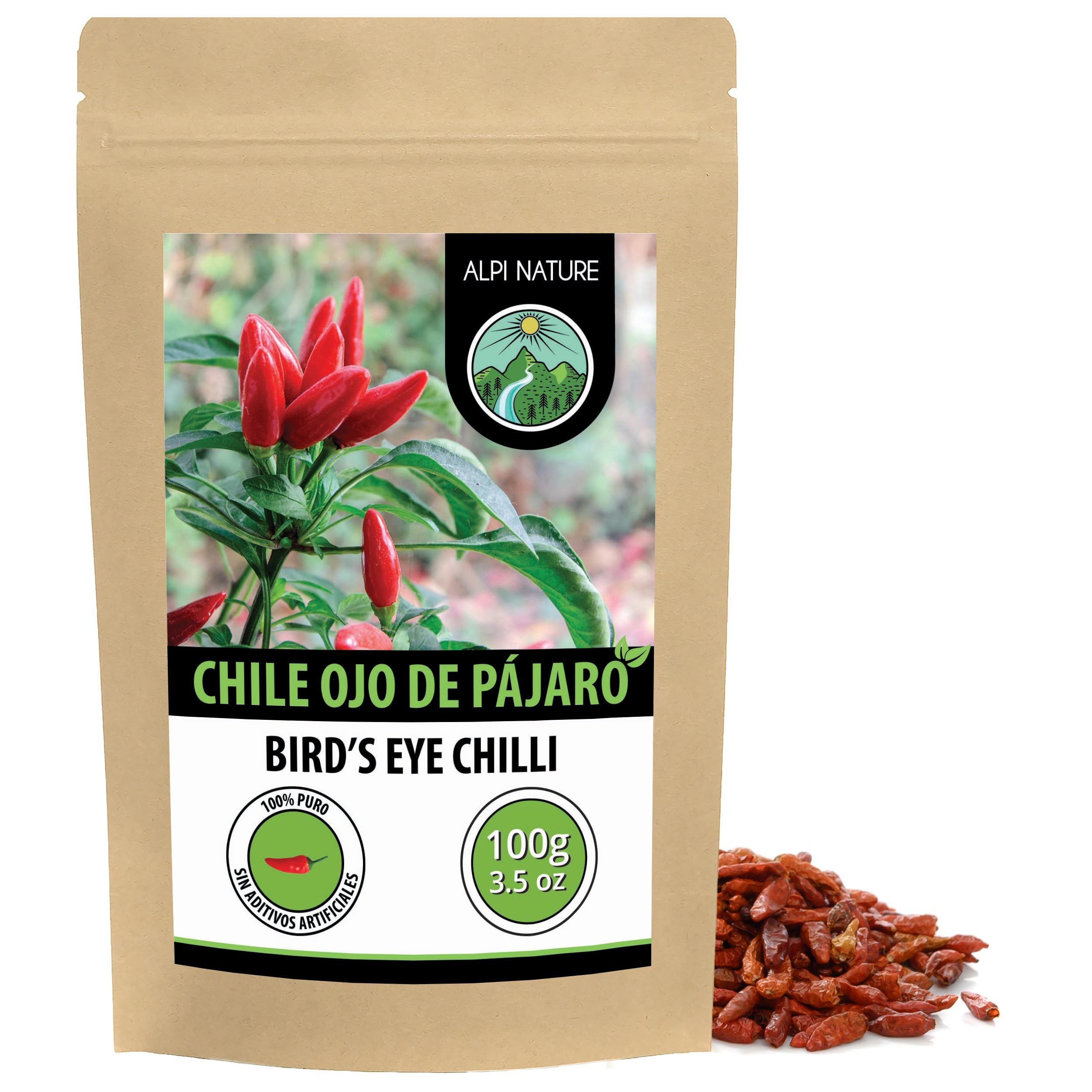 Alpi Nature Chile Ojo de Pájaro Entero 100g, Vainas Enteras de Chile Ojo de Pájaro, Bird's Eye