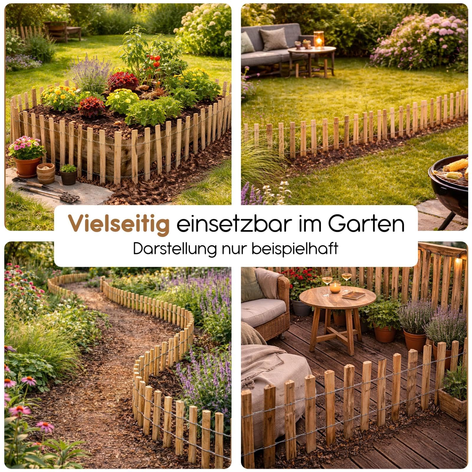 BOOGARDI Beeteinfassung Holz · Mini-Zaun in 6 Größen · Staketenzaun 35 cm hoch x 300 cm lang (Lattenabstand 7-9cm) · Garten Beetumrandung Steckzaun · Kleiner Gartenzaun zum Stecken